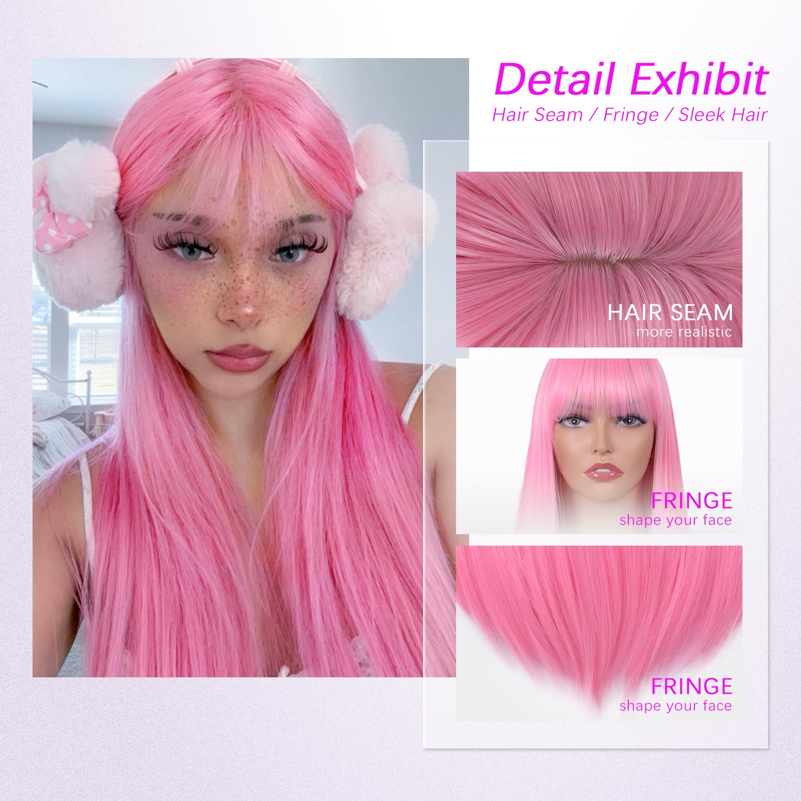 Ginger Wig with Bangs for Women – Long Straight Heat Resistant Synthetic Wig for Daily Use, Party, Halloween, Cosplay – 24 Inch Ginger Wigs for Girls: Straight Pink