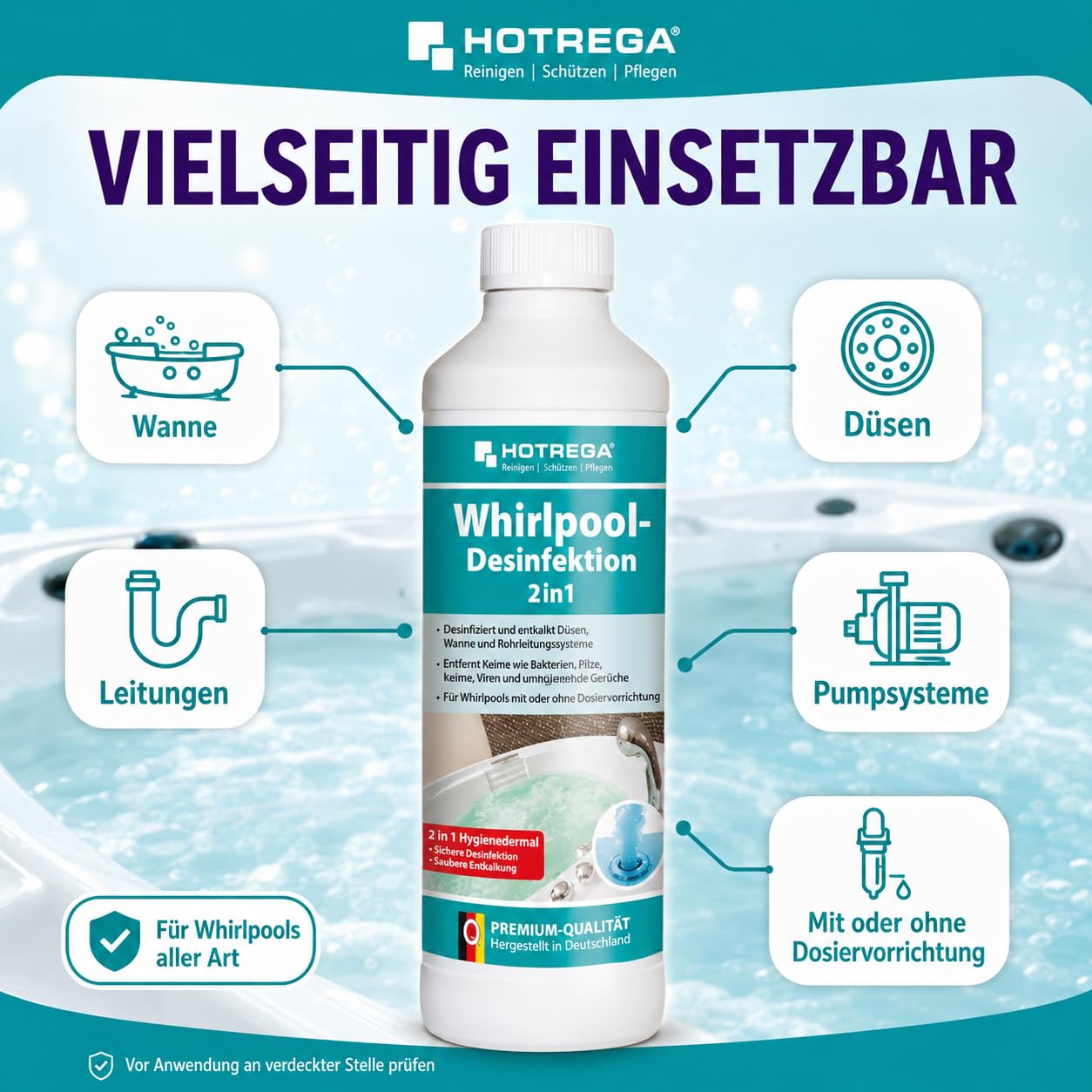 HOTREGA Whirlpool Desinfektionsmittel 2x 500ml | Biozid Entkalker & Pflege | Whirlpool Reiniger für Düsen, Wannen & Leitungen | Gegen Bakterien & Viren | Effektive Whirlpool Desinfektion | 1L Set