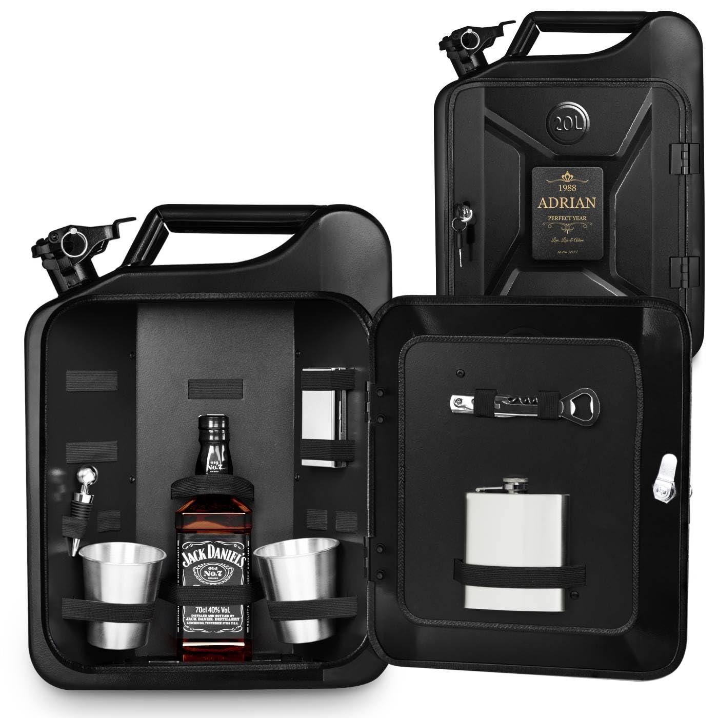 Maverton Jerry Can Whisky Mini Bar - Elegant Camping Accessories - Black 20L with Key Lock- Engraving - Metal Cups, Bottle Opener - Hip Flask included for Man- Woman - Best Man - Friend - Dad