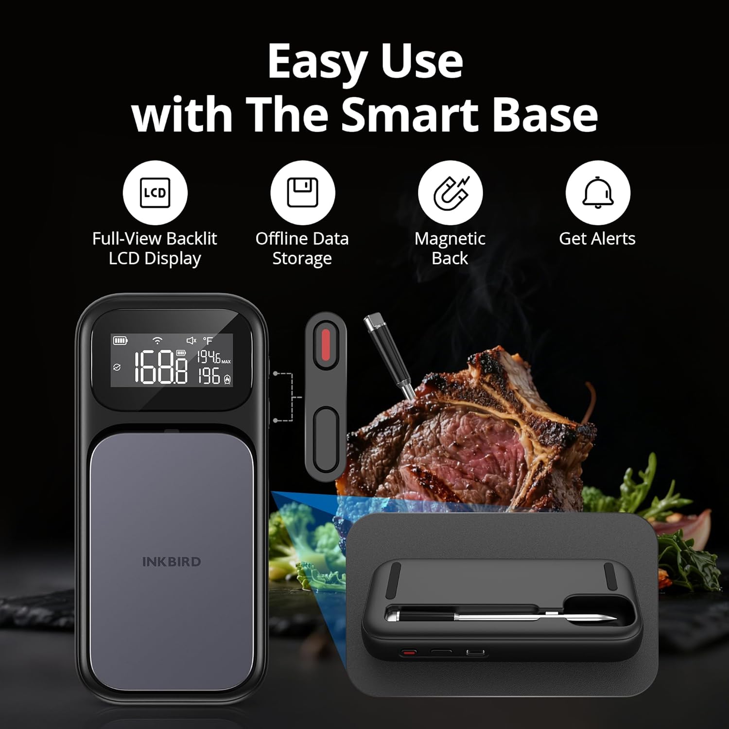 INKBIRD WiFi 5G Wireless Meat Thermometer Digital, 4 Sensor Smart Bluetooth Digital Food Thermometer, NIST Approved Accuracy 0.5°F, Temp Alarms for Rotisserie Air Fryer Sous Vide Grill Oven BBQ