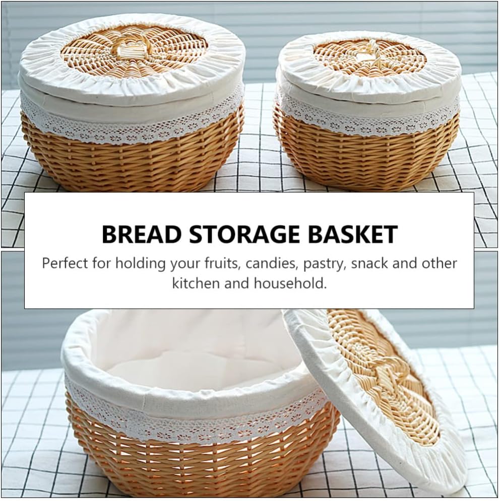 PATKAW Wicker Baskets Bread Basket with Lid and Liner Food Fruit Vegetables Serving Basket Pantry Storage Basket Snack Tray for Vegetables Home Kitchen Restaurant Outdoor
