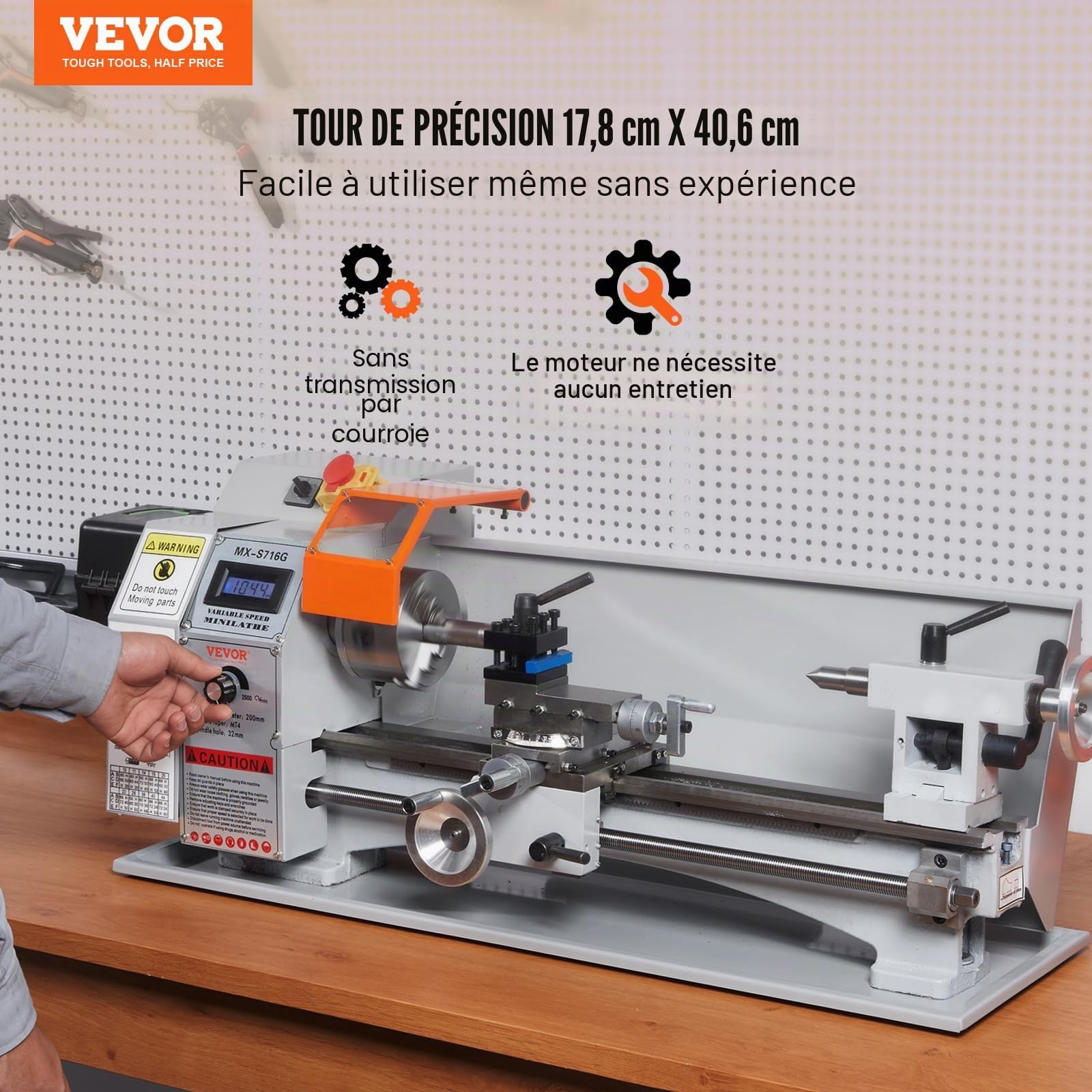 VEVOR Mini Tour à Métaux de Précision 17,8x40,6 cm 150-2500 tr/min Variable en Continu 800 W Moteur Sans Balais Mandrin 3 Mâchoires 100 mm Boîte à Outils pour Usinage Traitement de Pièces de Précision
