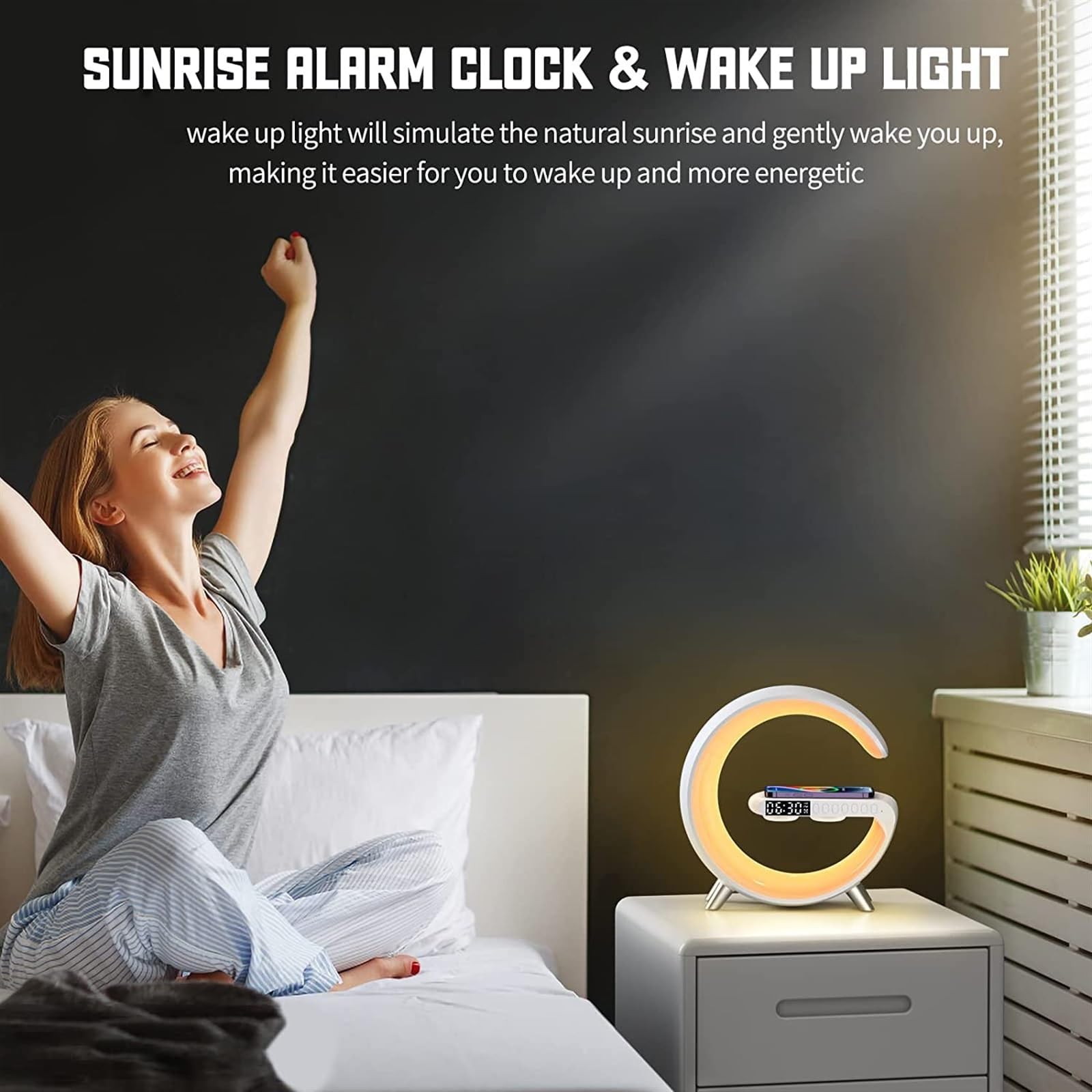 WOLWES Luce notturna con altoparlante - Bluetooth multifunzione 3 in 1 controllato da app con ricarica wireless, luce RGB e caricatore for sveglia Alba for camera da letto e comodino