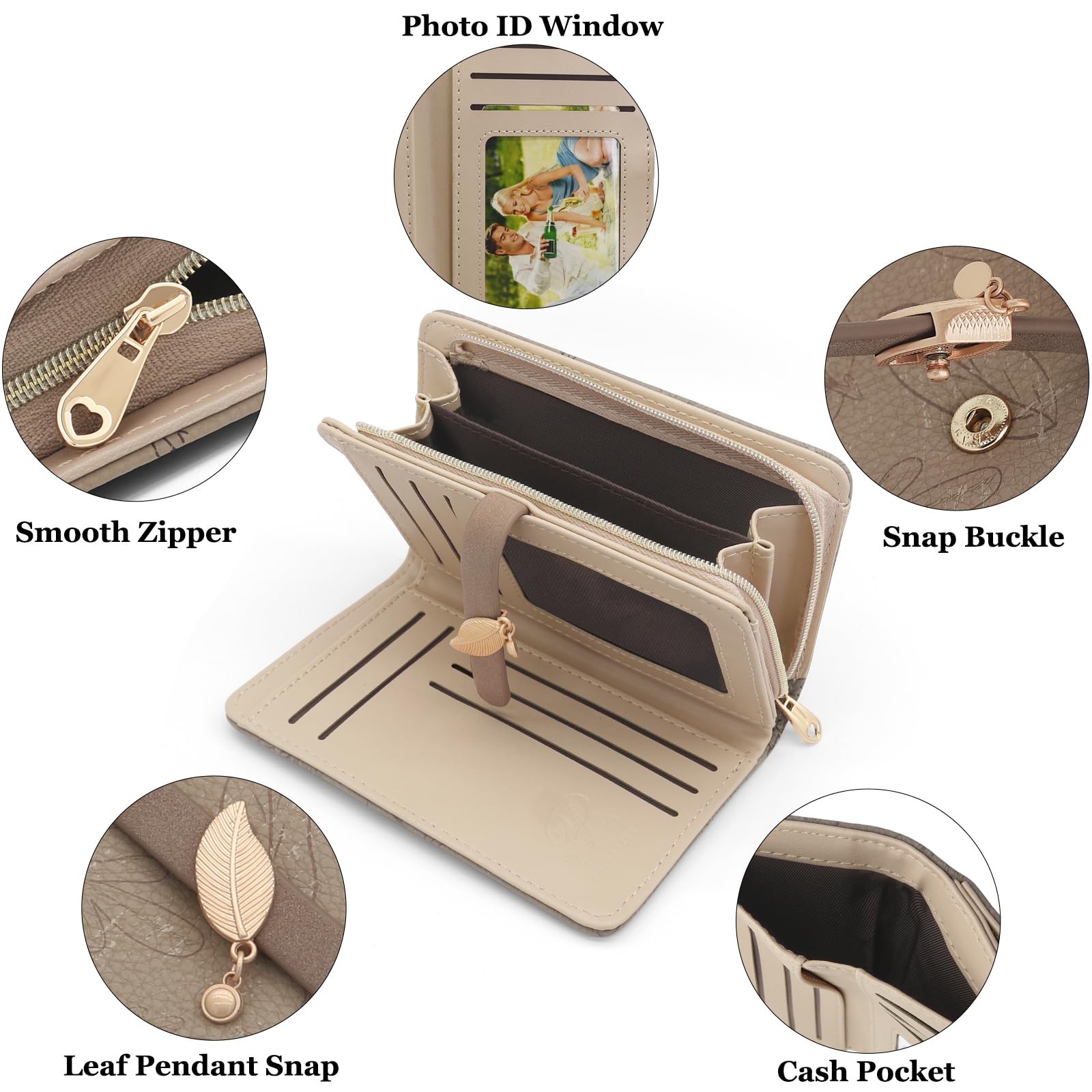 Portefeuille Femme Petit en Cuir PU Porte Monnaie Femme, Porte Feuilles pour Femmes Court avec Porte-Monnaie Zippé et Portefeuilles Pochette (Beige)