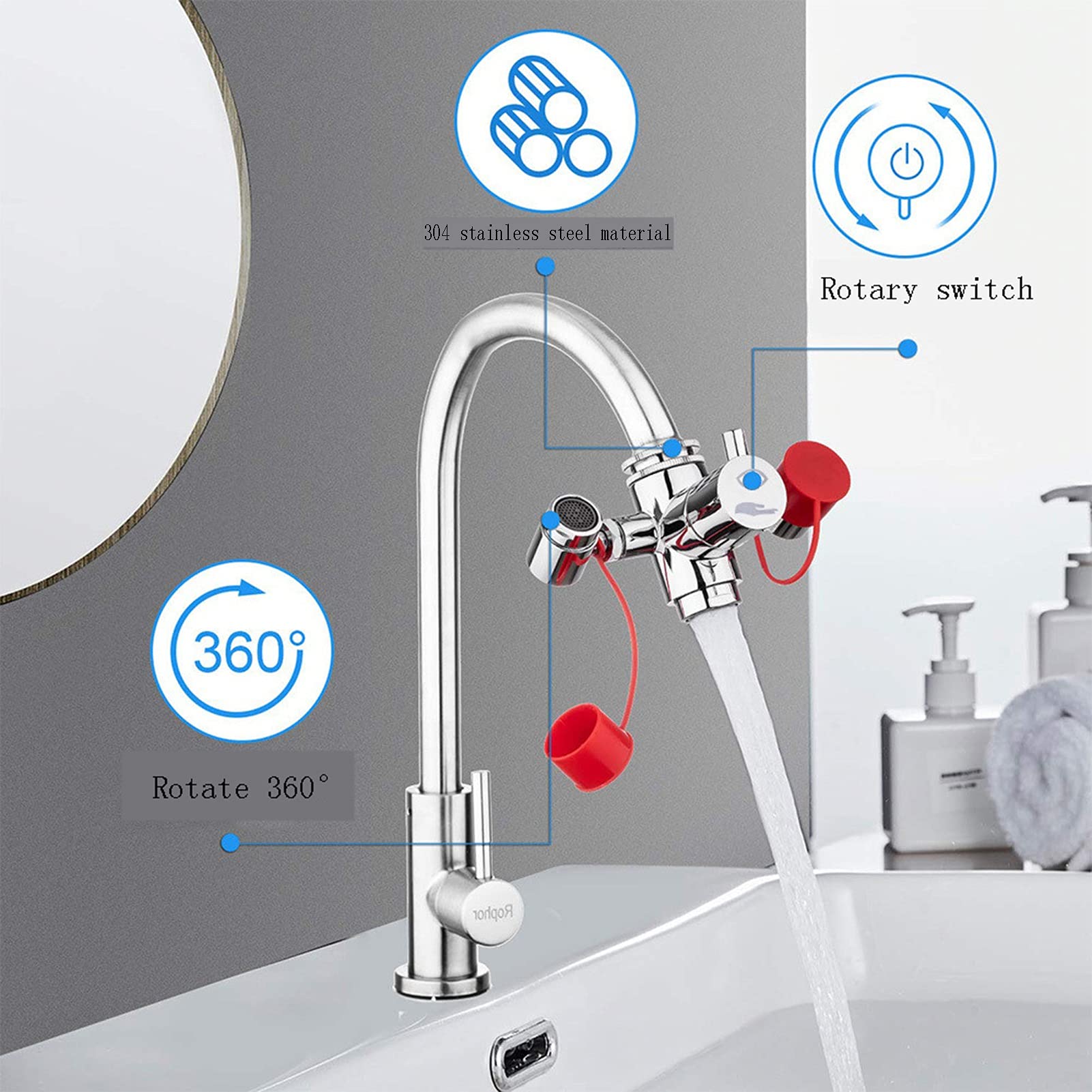 Station de Lavage oculaire, Lave-œil Rotatif à 360° à Montage sur Robinet d'effluent, Station de Lavage oculaire d'urgence, pour Laboratoire et Usine Chimique, 1,1