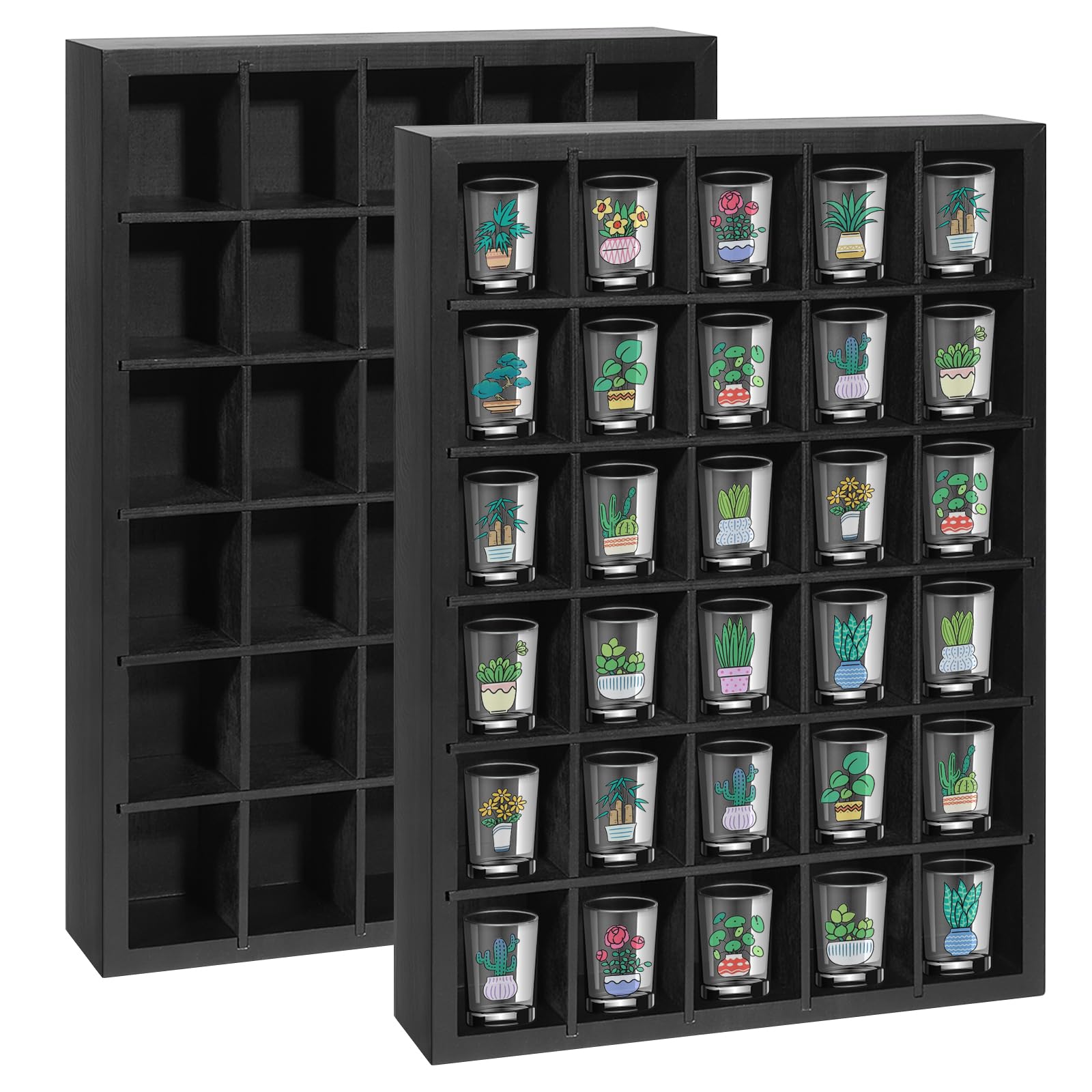 AGJIDSO Shot Glass Display Case 2Pack, 30 Slots Shot Glass Holder Wall Mounted, Solid Wood Shadow Box with Removable Shelves, Shot Glass Storage Case, Shot Glasses Shelf, Black