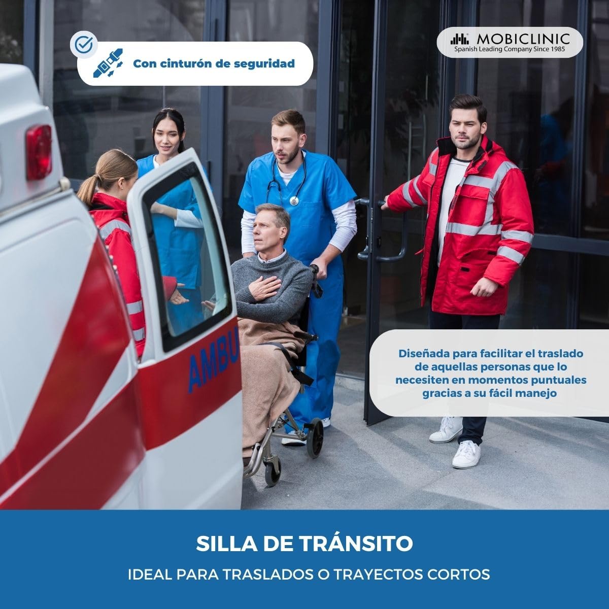 Mobiclinic, Silla de ruedas de tránsito, Neptuno, Aluminio, Plegable, Freno en manetas, Marca Española, Reposapiés plegables, a, Cinturón seguridad, Ergonómica, 93x 49.1x 96 cm