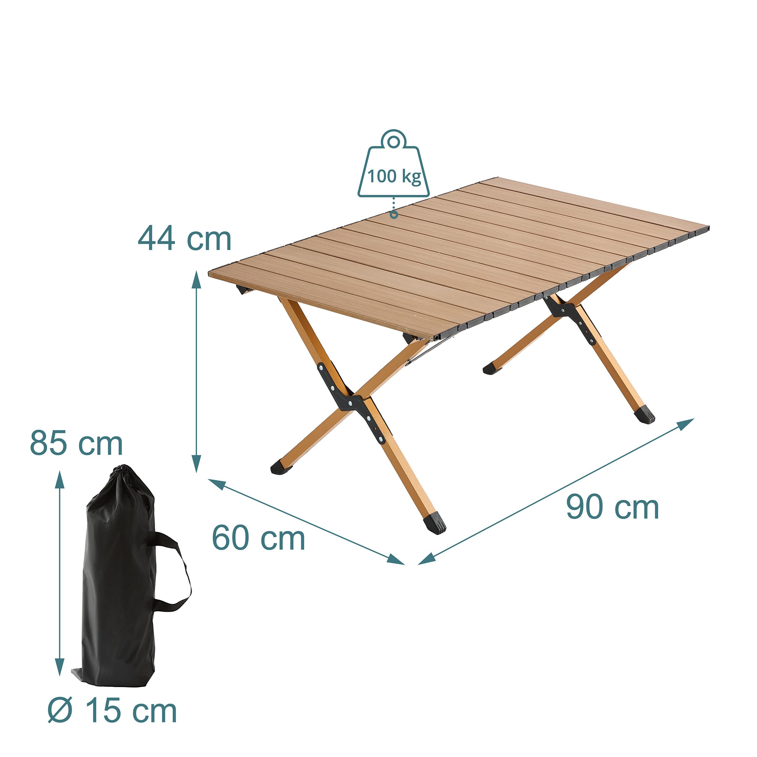 Relaxdays Campingtisch, klappbar, HxBxT:44 x 90 x 60 cm, Stahl & Kunststoff, Tragetasche, Holzoptik, Gartentisch, Natur