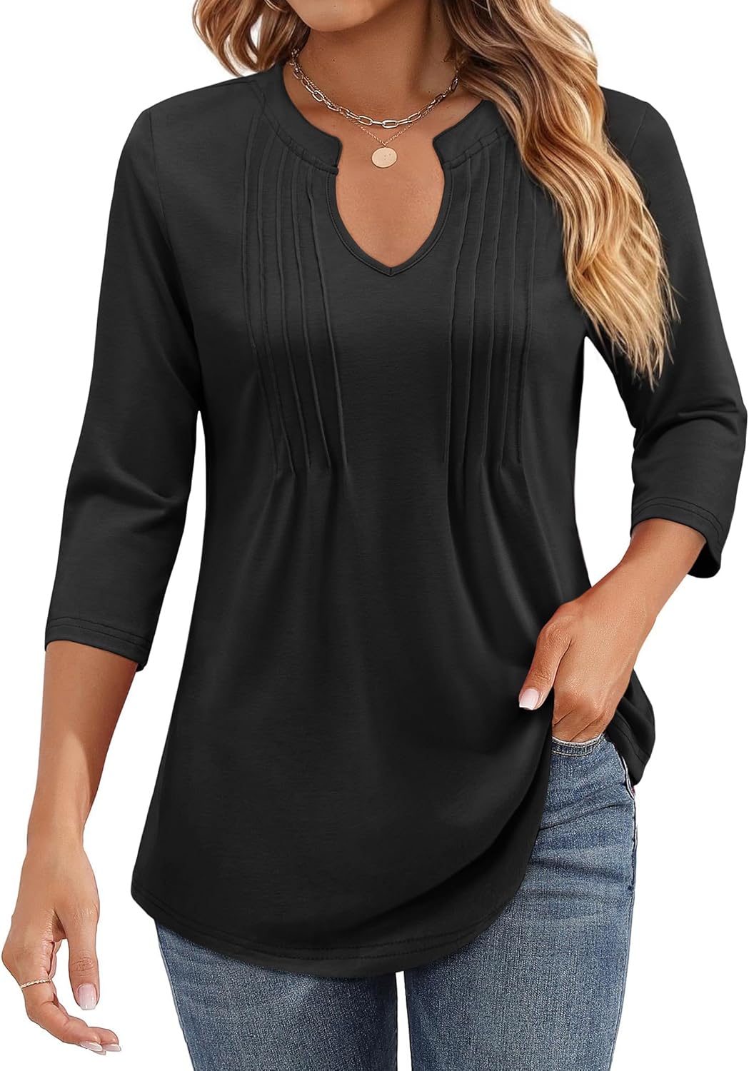 Womens 3/4 Sleeve Tunic Tops Business Casual Blouses V Neck Pleated Front Shirts Dressy Casual Work Outfits