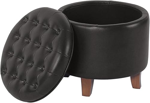 Vista 6 de Homepop Home Decor Upholstered Round Faux Leather Tufted Foot Rest Ottoman Ottoman with Storage for Living Room & Bedroom Decorative Home