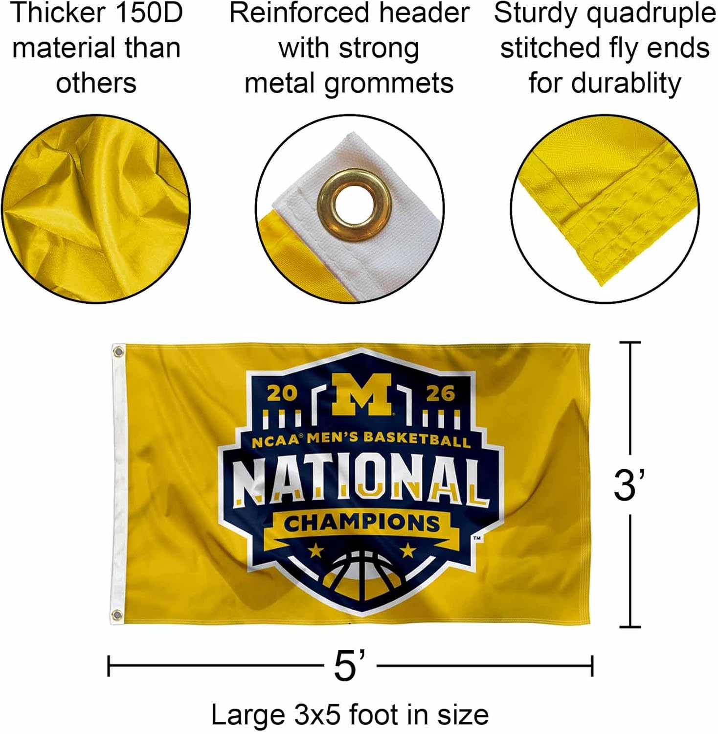 Michigan Team University Wolverines 2026 Basketball National Champions Flag 3x5 Banner