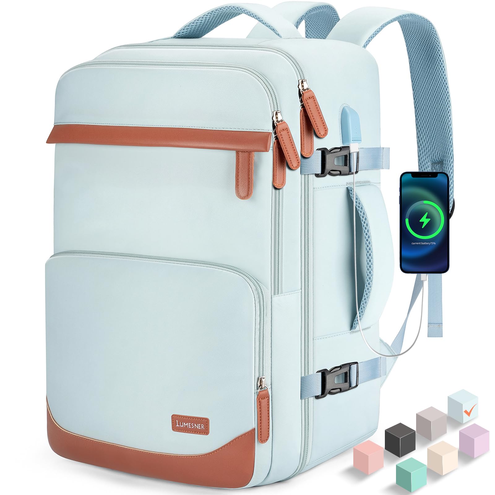 Velaybor 40L Travel Backpack with USB Charging Port, Water-Resistant Carry On Backpack for Men Women, Business Laptop Backpack for Men & Women, Trips & Commutes, Fits 15.6/17.3 Inch Laptop (Blue)