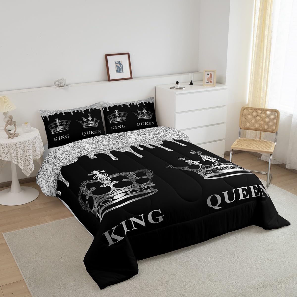 Feelyou Kids Queen Silver Crown King & Queen Bedding Set Boys Girls Mr & Mrs Comforter Set Glitter Print Comforter Adults Anniversary Duvet Set 3Pcs