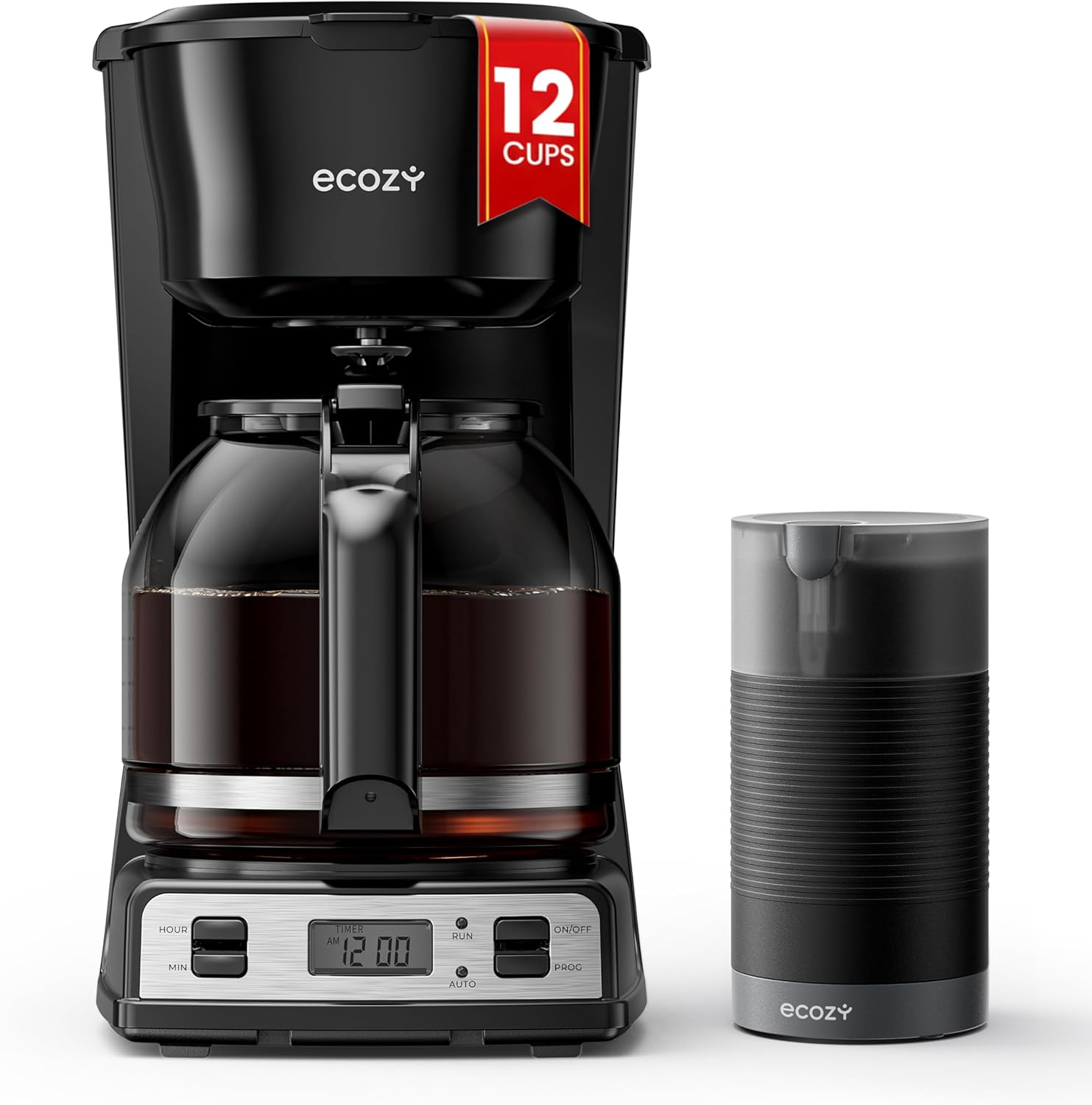 ecozy 12-Cup Drip Coffee Maker with Electric Coffee Grinder Combos, Programmable Coffee Machine with Washable Basket Filter, Auto Shutoff Function, No Drip Pause & Pour, Brezzano DuoSet