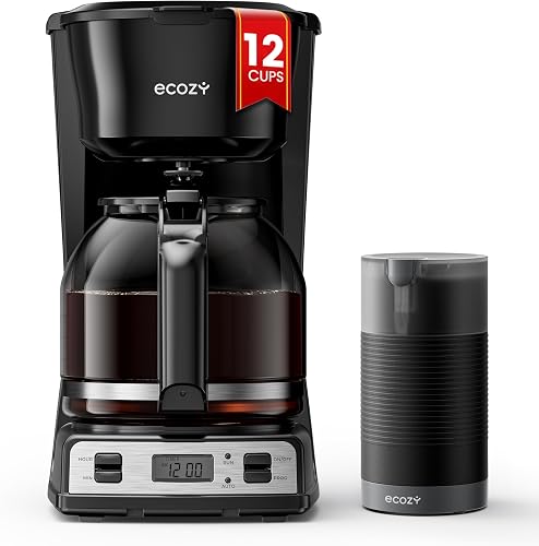 ecozy 12-Cup Drip Coffee Maker with Electric Coffee Grinder Combos, Programmable Coffee Machine with Washable Basket Filter, Auto Shutoff Function, No Drip Pause & Pour, Brezzano DuoSet | Programmable Coffee Machine with