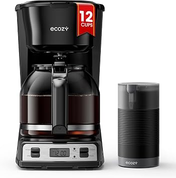 ecozy 12-Cup Drip Coffee Maker with Electric Coffee Grinder Combos, Programmable Coffee Machine with Washable Basket Filter, Auto Shutoff Function, No Drip Pause & Pour, Brezzano DuoSet