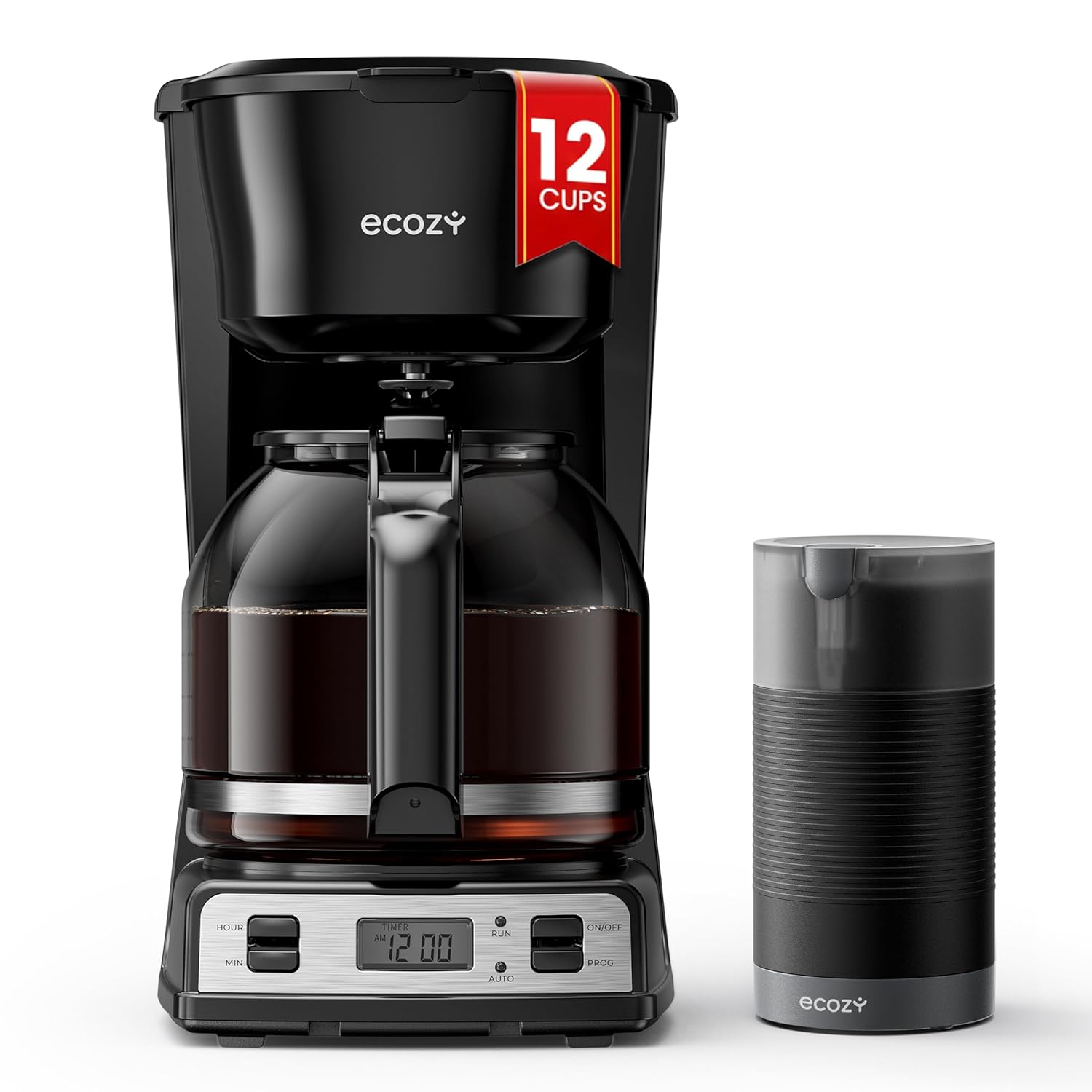 ecozy 12-Cup Drip Coffee Maker with Electric Coffee Grinder Combos, Programmable Coffee Machine with Washable Basket Filter, Auto Shutoff Function, No Drip Pause & Pour, Brezzano DuoSet