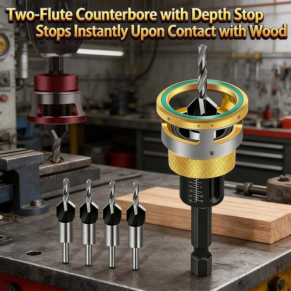 Two-Flute Counterbore with Depth Stop,Adjustable Countersink Drill Bit Set,4PCS Four-Flute HSS M2 Tapered Drill and Depth Stop Collar, Tapered Head 3/8” 82° Counter-Bore,1/4” Hex Shank (2PCS)