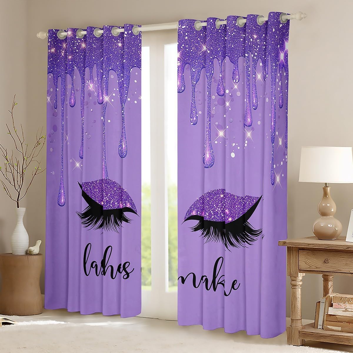 Smiling Eyelashes Princess Window Curtains,Glitter Dreamy Window Drapes for Kids Girls Adults,Purple Gradient Glitter Romantic Window Treatments Grommet Top 2 Panel Set Bedroom Curtains,42Wx84L inch