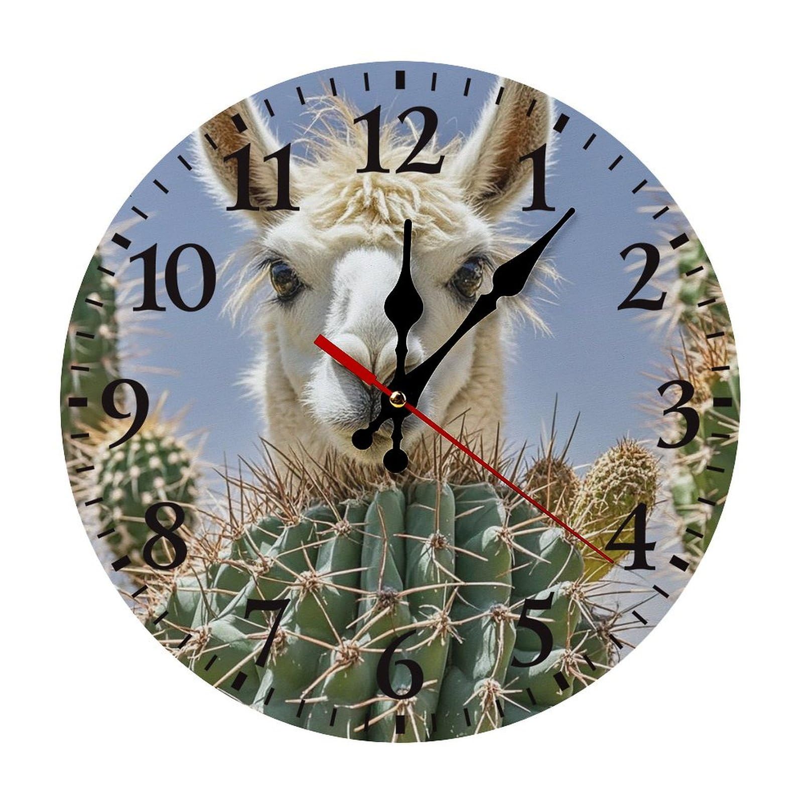 QMNLKH Mexican Llama Cactus Wall Clock for Home, Battery Operated Clock for Hotel, Round Wall Clock with Arabic Numerals Black, Easy to Read, Non-Ticking Clocks for Living Room 25 * 25cm
