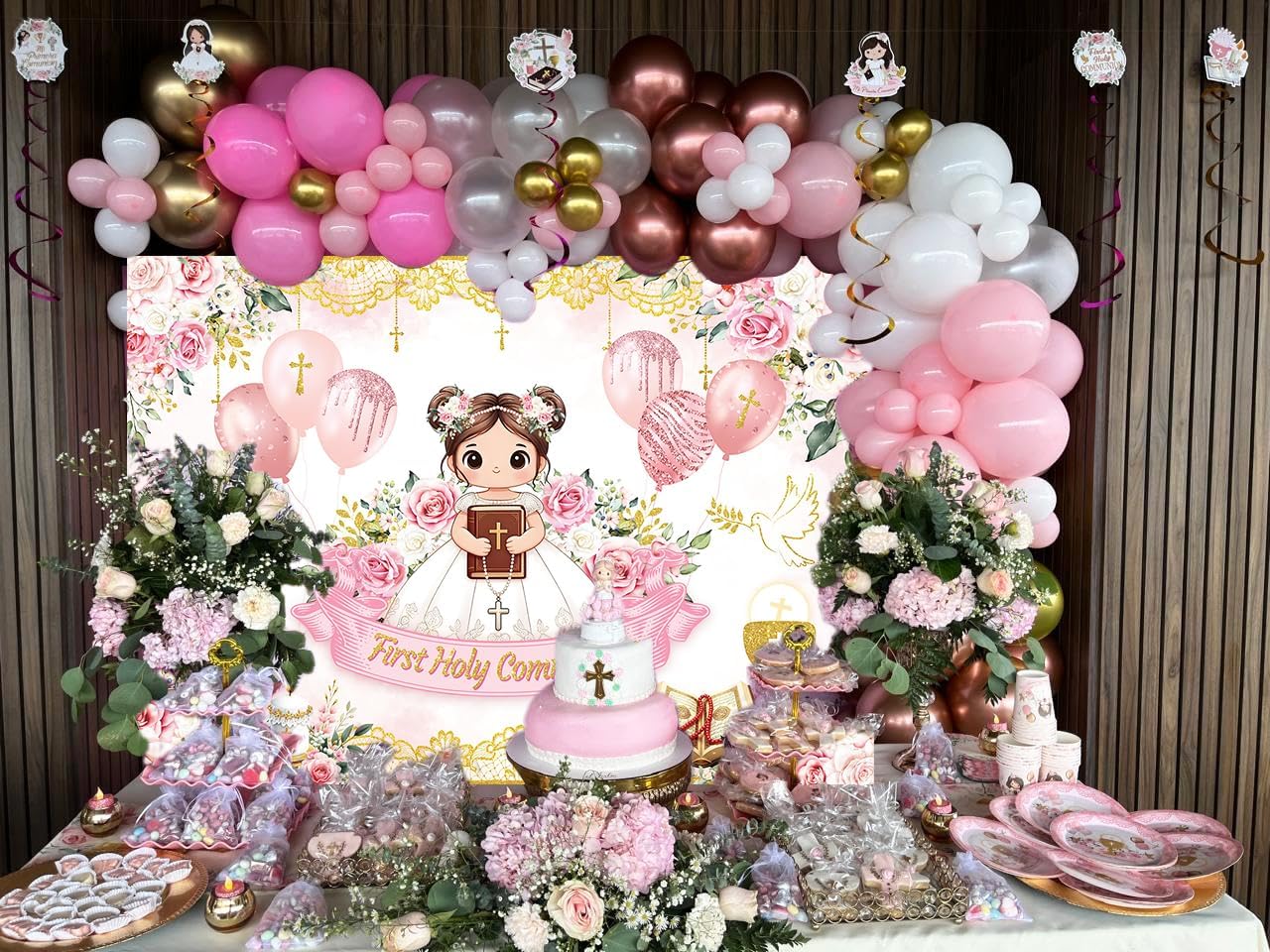 First Holy Communion Backdrop Pink Floral God Bless Girls Mi Bautizo Baptism Photography Background Kids Baby Shower Primera Comunion Christening Party Decorations Banner Photo Props (Pink, 8x6FT)