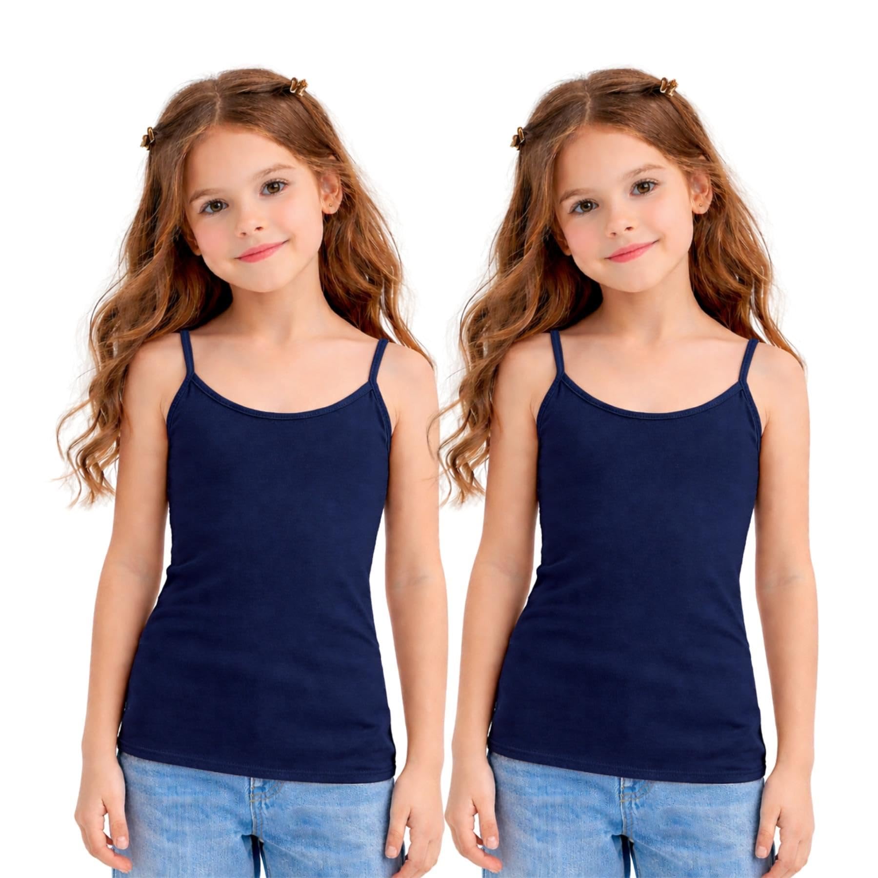 janisramone® Lot de 2 débardeurs d'été sans manches à bretelles spaghetti pour filles, débardeur d'entraînement léger pour enfants, caraco uni à bretelles pour filles, bleu marine, 9-10 ans