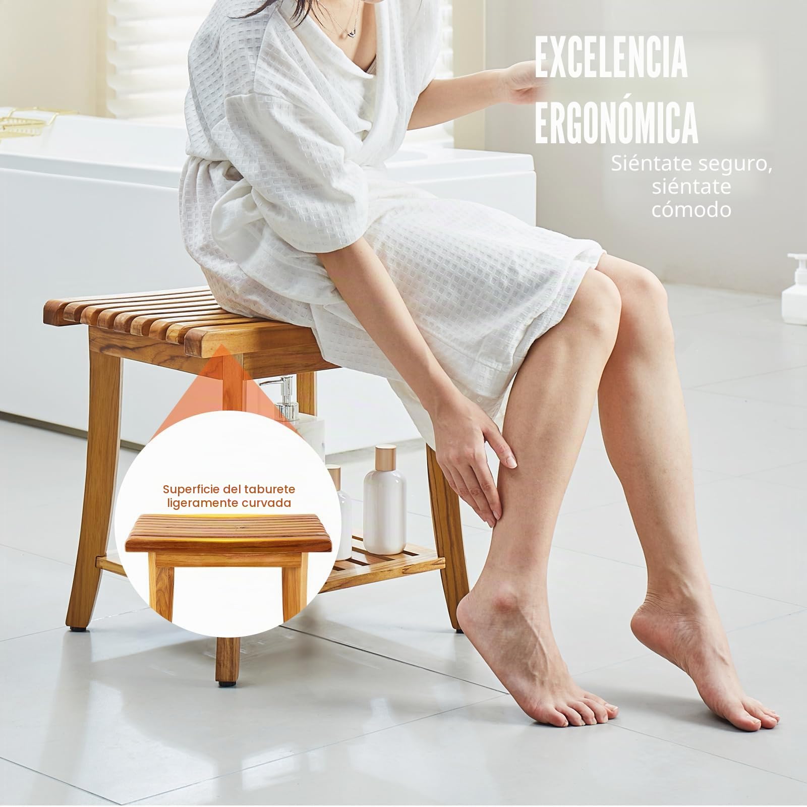 VEVOR Banco de Ducha de Teca Madera Impermeable con Estante de Almacenamiento, Almohadillas Antideslizantes para los Pies, Carga Máxima 180 kg, para Uso en Interiores y Exteriores 500 x 363 x 455 mm