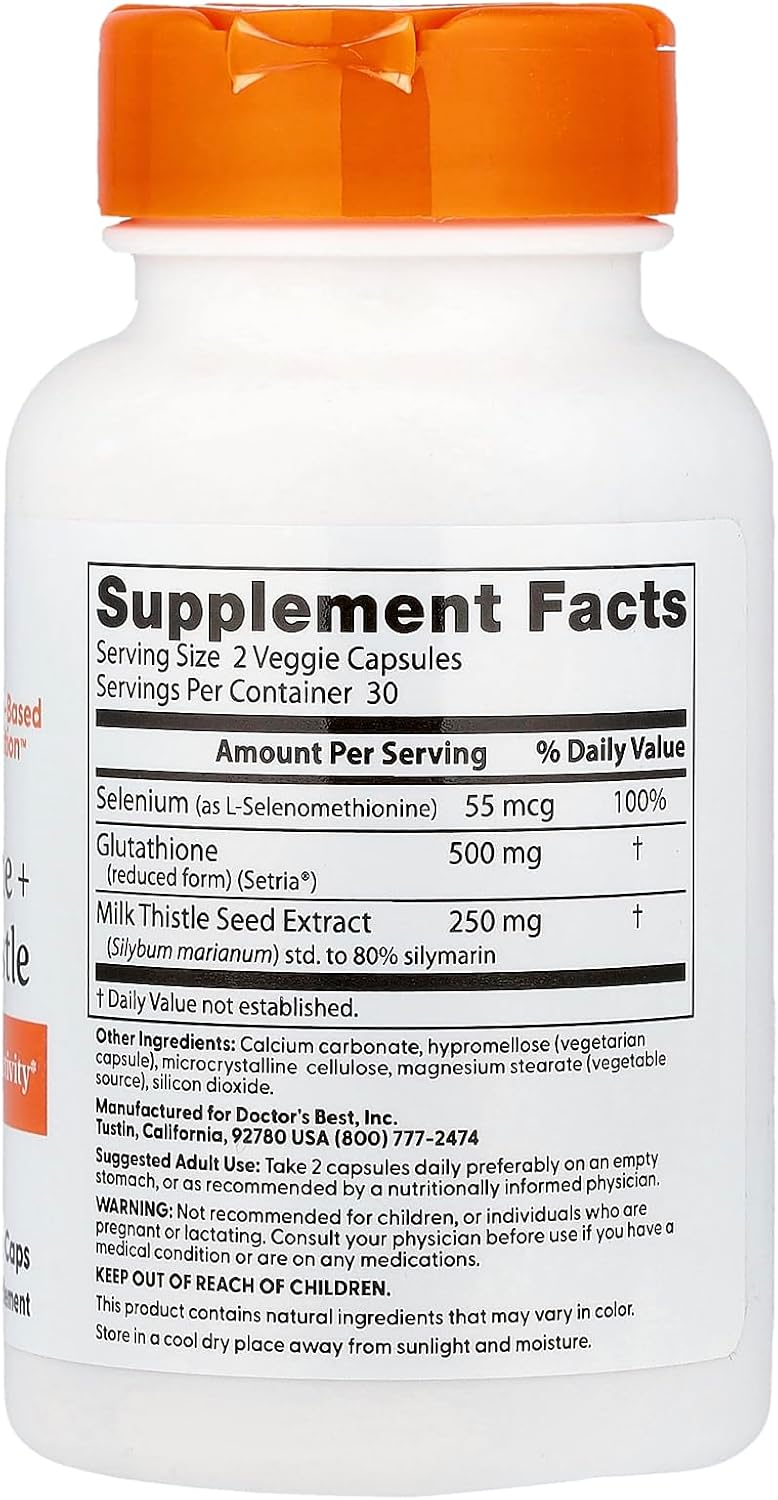 Doctor's Best Glutathione + Milk Thistle Supplement - Supports Liver Health & Antioxidant Activity for Women & Men, Comprehensive Formula, Non-GMO, Gluten Free, Soy Free, Vegan - 60 Veg Caps