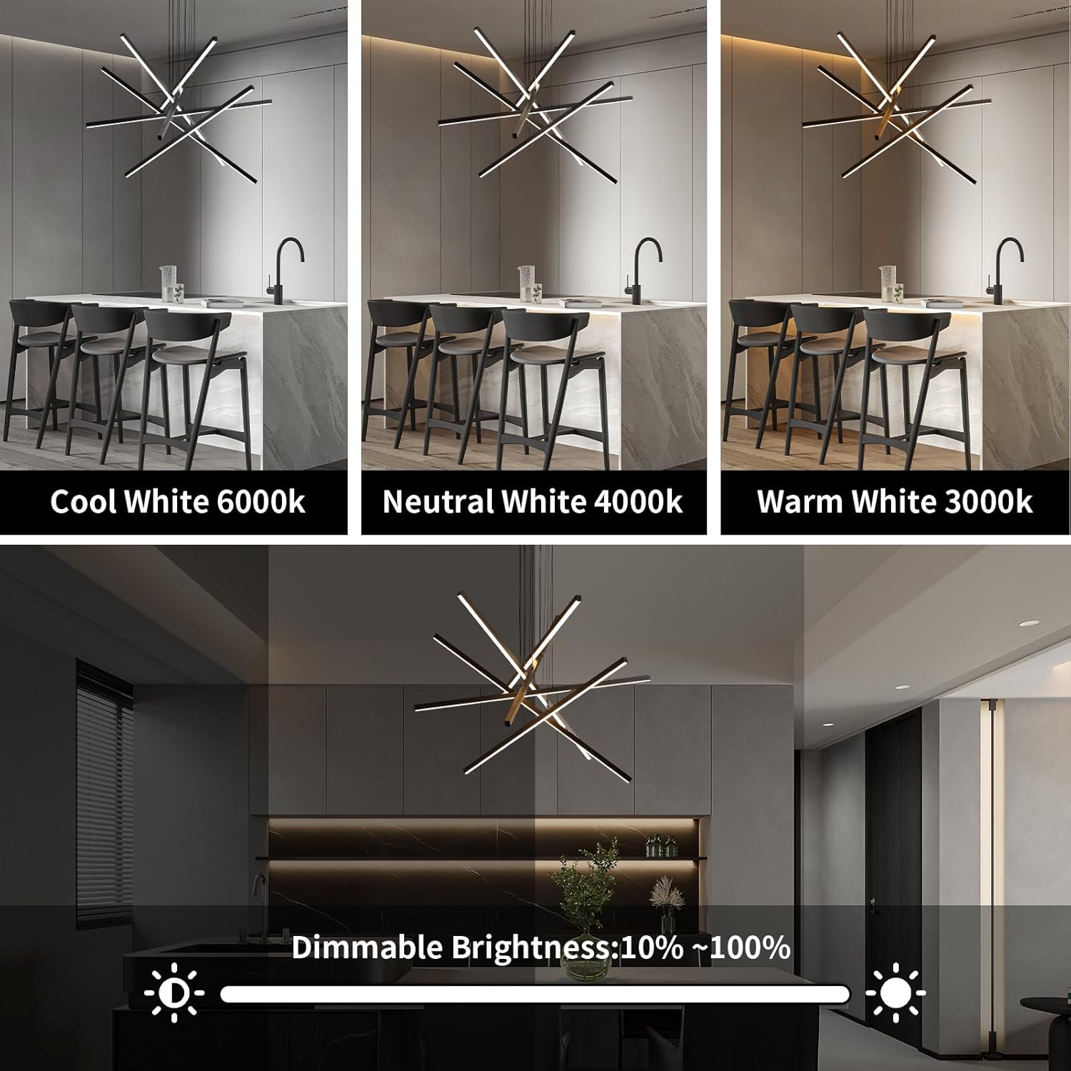 JAYMP Modern LED Chandeliers Dimmable Pendant Light Fixture for Living Room Dining Room Foyer DIY Shape Sputnik Floating Sculptural Art Hanging Lamp (Black, 6-Lights)