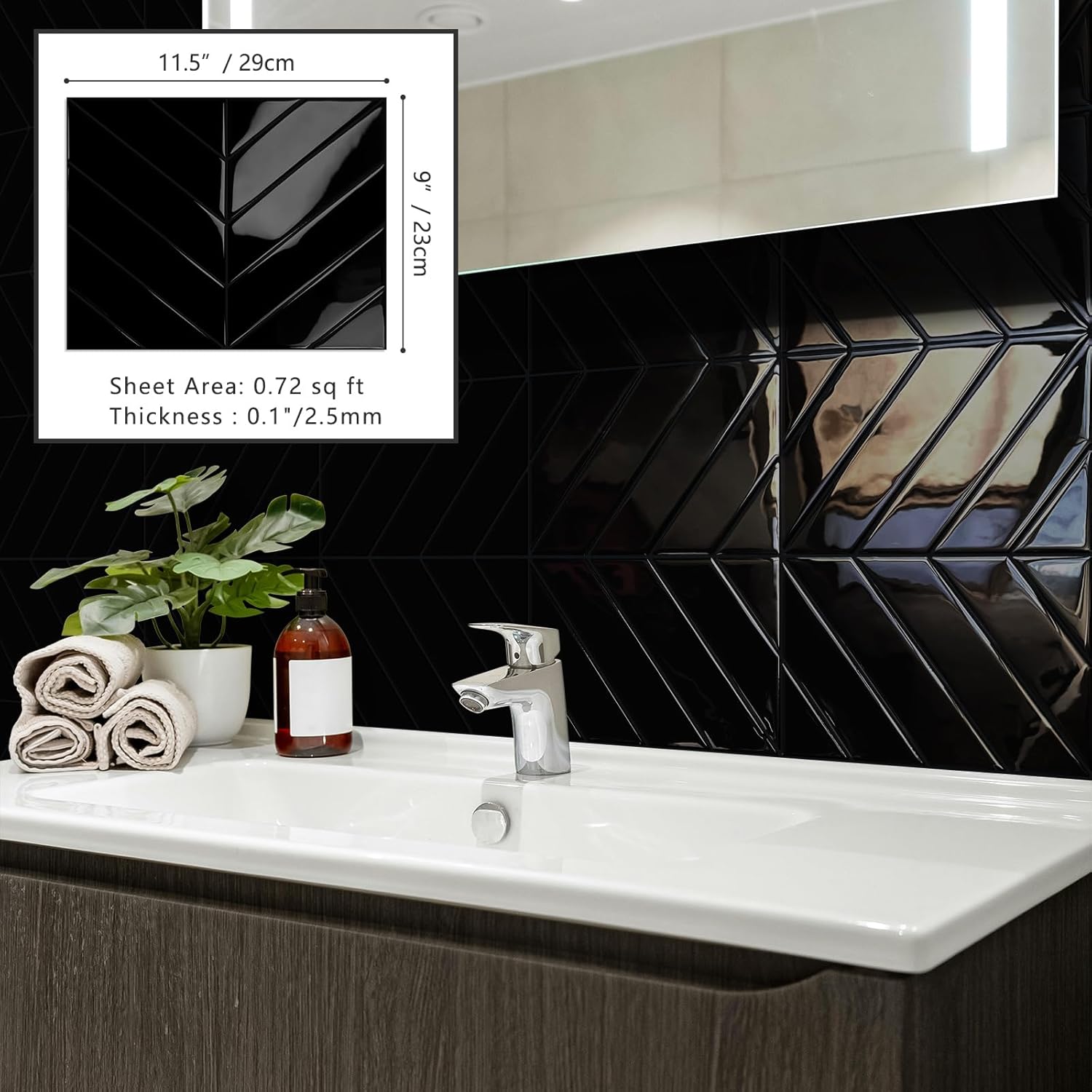 10-Sheet Herringbone Peel and Stick Backsplash Tiles for Kitchen, 3D Marble Look Self Adhesive Stick on Back Splashes Wall Tiles for Bathroom 11.5"x9" Black