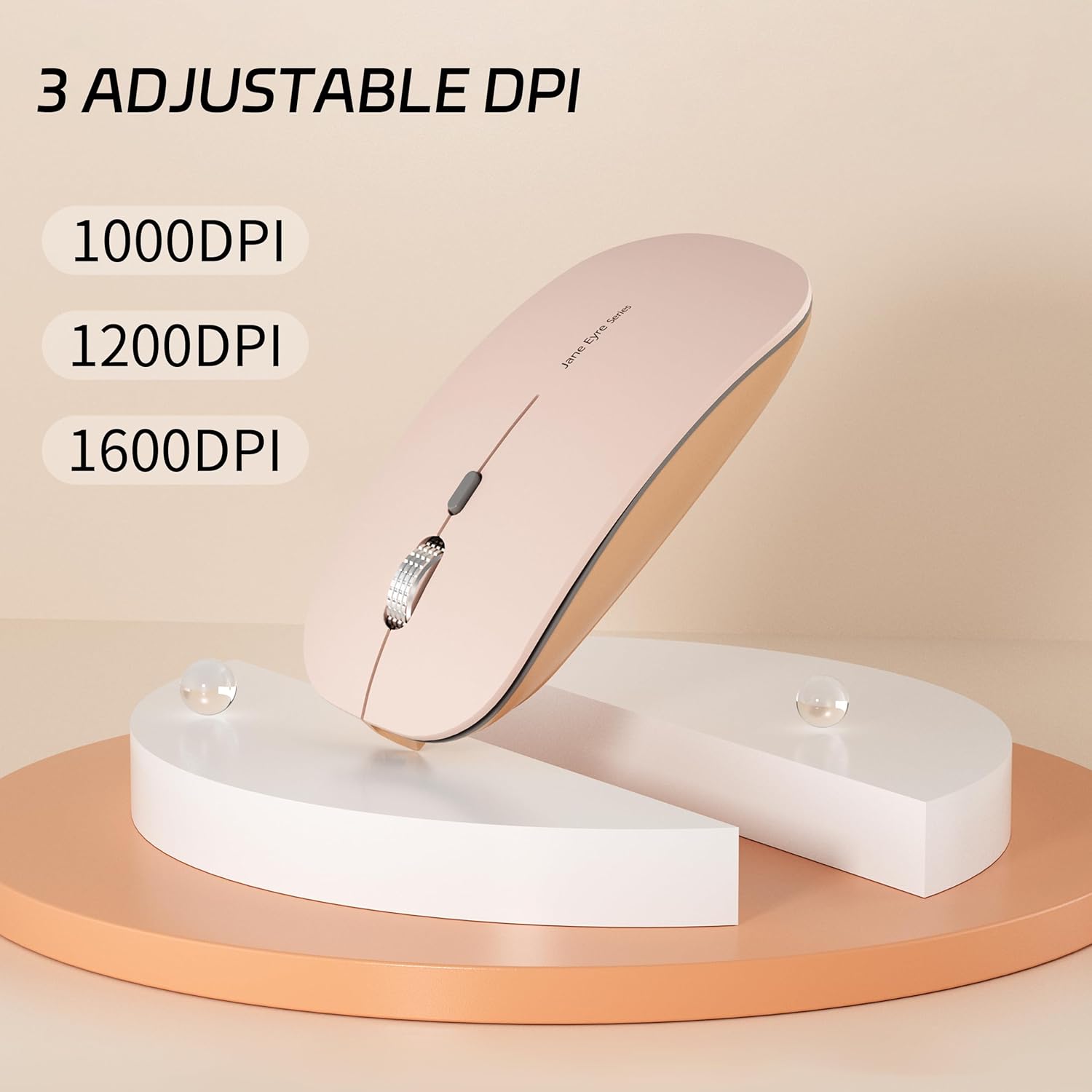 Uciefy Q5 Slim Rechargeable Wireless Mouse, 2.4G Portable Optical Silent Ultra Thin Wireless Computer Mouse with USB Receiver and Type C Adapter, Compatible with PC, Laptop, Desktop - Light Pink - 3