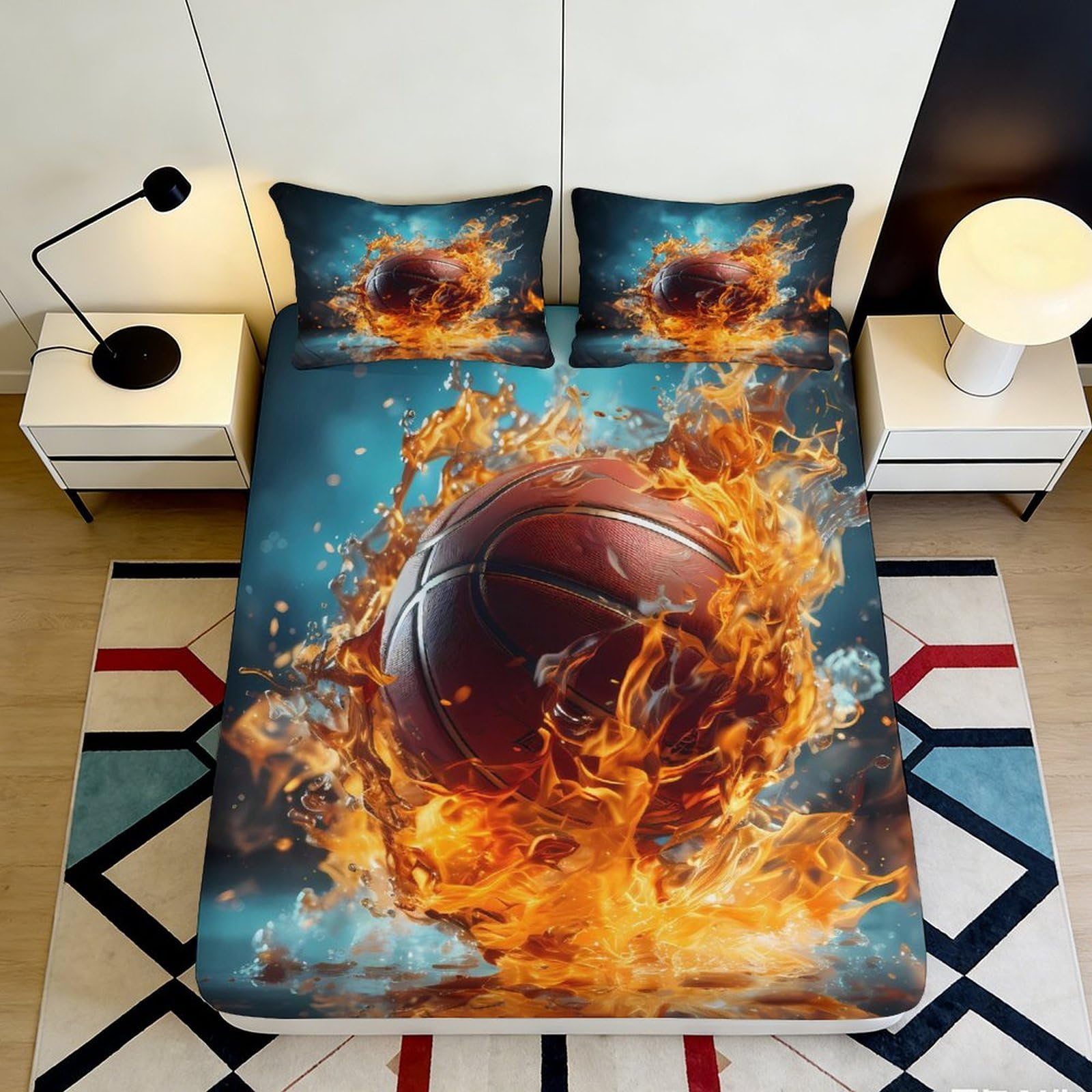Pnayamiorkfel Style-6 3D Printed Fire Basketball Fitted Sheet Microfiber Anti-Slip Splash Mattress Cover For Bedroom Dorm Decor 90X200x25cm