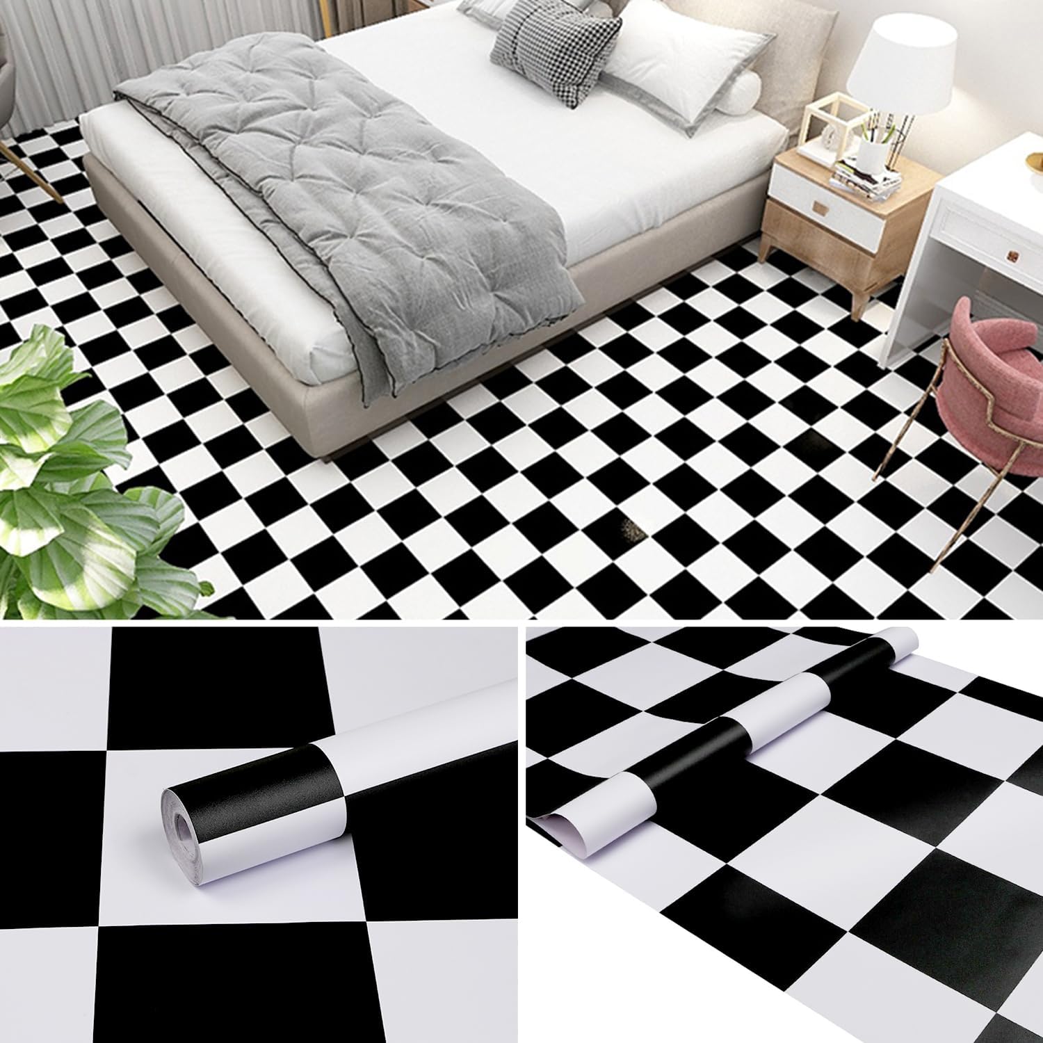 Peel and Stick Floor Tile,Floor Stickers,Floor Tiles Peel and Stick Waterproof,Kitchen, Living Room (Black White, 11.8" 590)