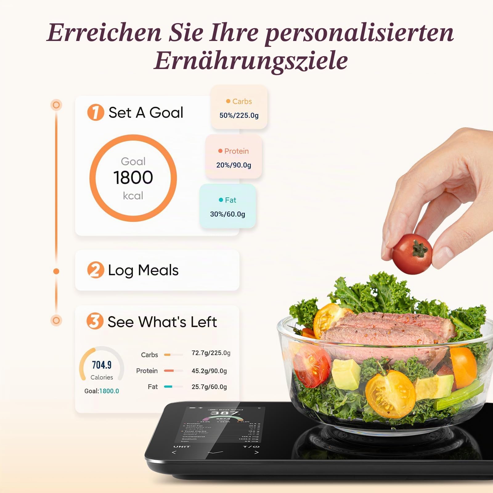 COSORI Intelligente digitale Lebensmittel-Küchenwaage mit Ernährungsrechner, Nährstoffinformationen auf dem Bildschirm, kostenlose App für Kalorien- und Makro-Tracking, KI-Scan, persönliche Ziele, zur