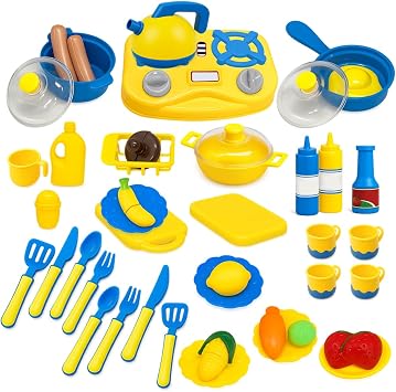Kids Kitchen Accessories Play Set, 43Pcs Cooking Set - Realistic Pretend Play Cookware Playset with Stove, Utensils and Food Cutting Role Play Set, Gift for Girls and Boys Ages 3+ Years