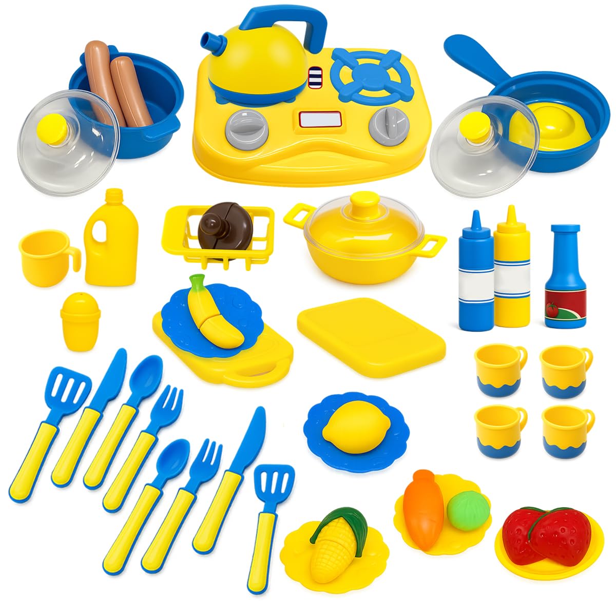Koolbitz Kids Kitchen Accessories Play Set, 43Pcs Cooking Set - Realistic Pretend Play Cookware Playset with Stove, Utensils and Food Cutting Role Play Set, Gift for Girls and Boys Ages 3+ Years