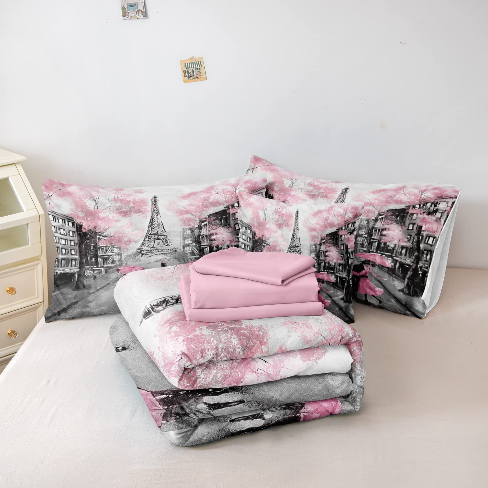 Paris Themed Bedding Set Full Size - Pink & Grey Eiffel Tower Comforter With Cherry Blossoms, 2 Pillowcases | Teen Girl Room Decor - View #6