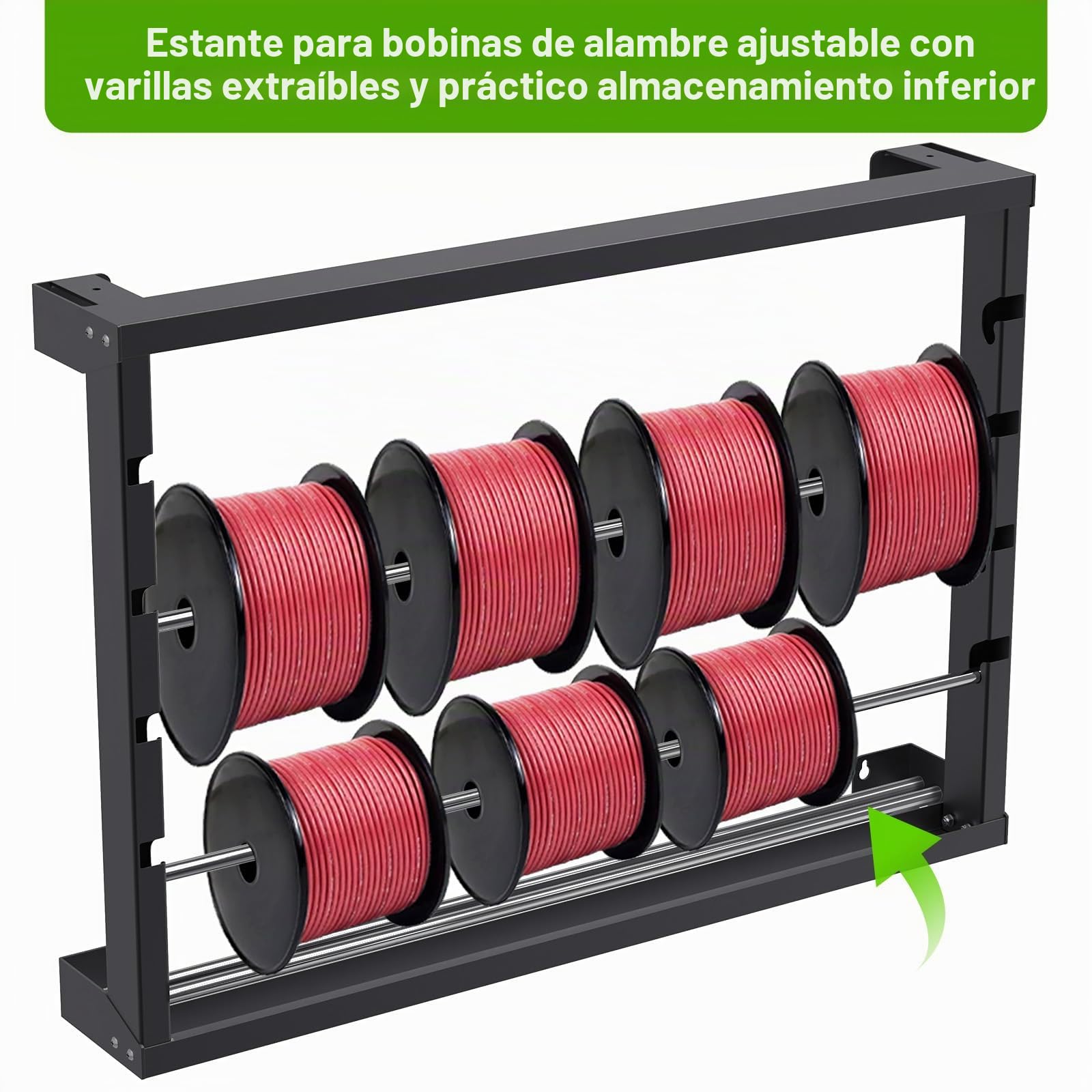 SELEWARE Estante de carrete de alambre, soporte de bobina de alambre montado en la pared, soporte de carrete de alambre, dispensador de alambre/cable resistente con 4 varillas de acero inoxidable para