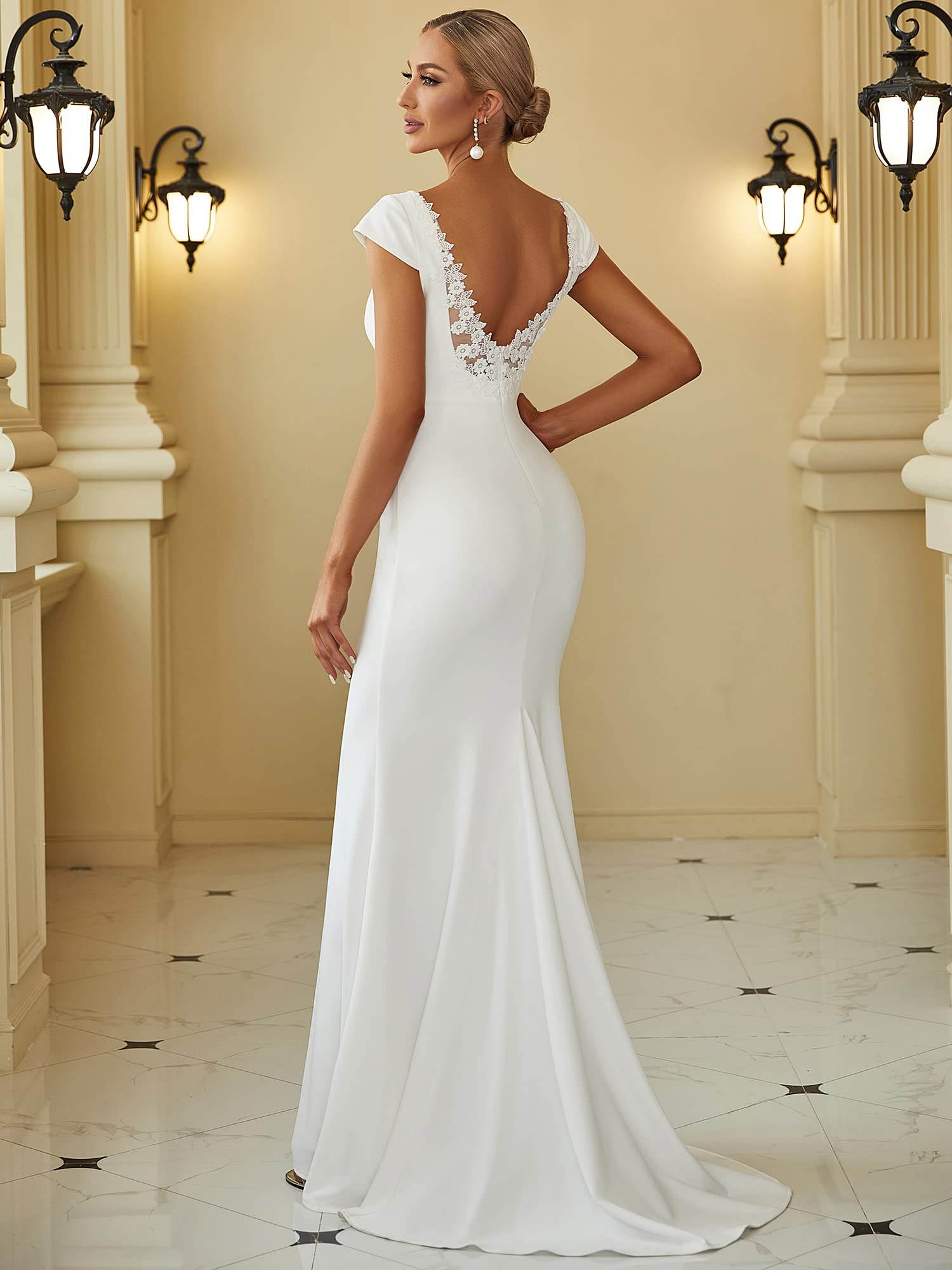 Ever-Pretty Robe de Soirée Longue pour Mariage Femme Sirène Col V Manches Courtes Chic EH0171A