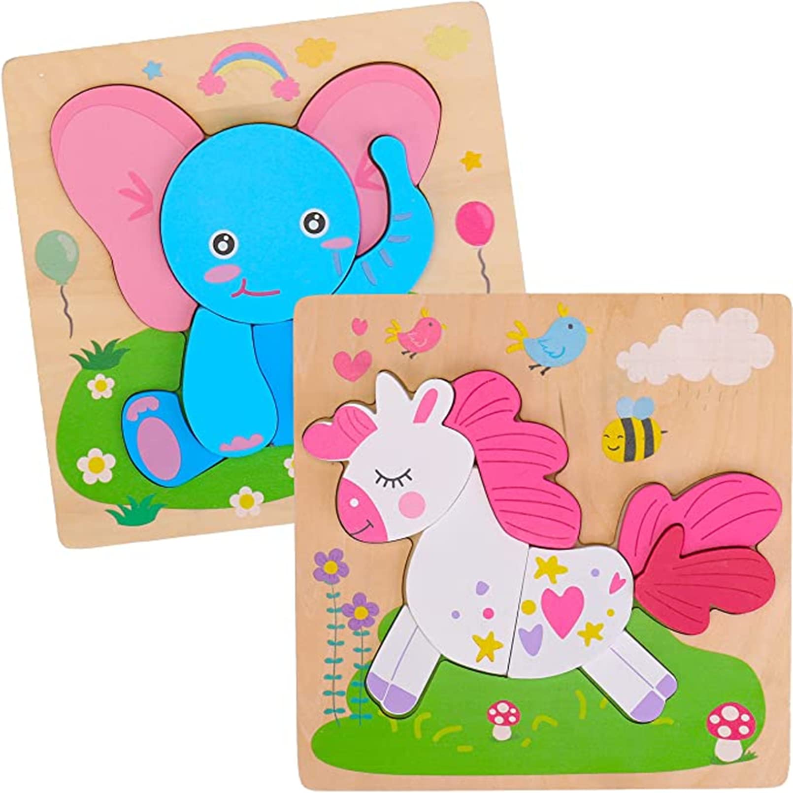 AM ANNA Unicorn Wooden Puzzles for Toddlers 1-3, 2 Pack Big Unicorn Elephant Shape Toddler Puzzles for Kids Ages 2-4,Educational Toys for 2 Year Old,Montessori Toys Gifts (2 Pack LX)