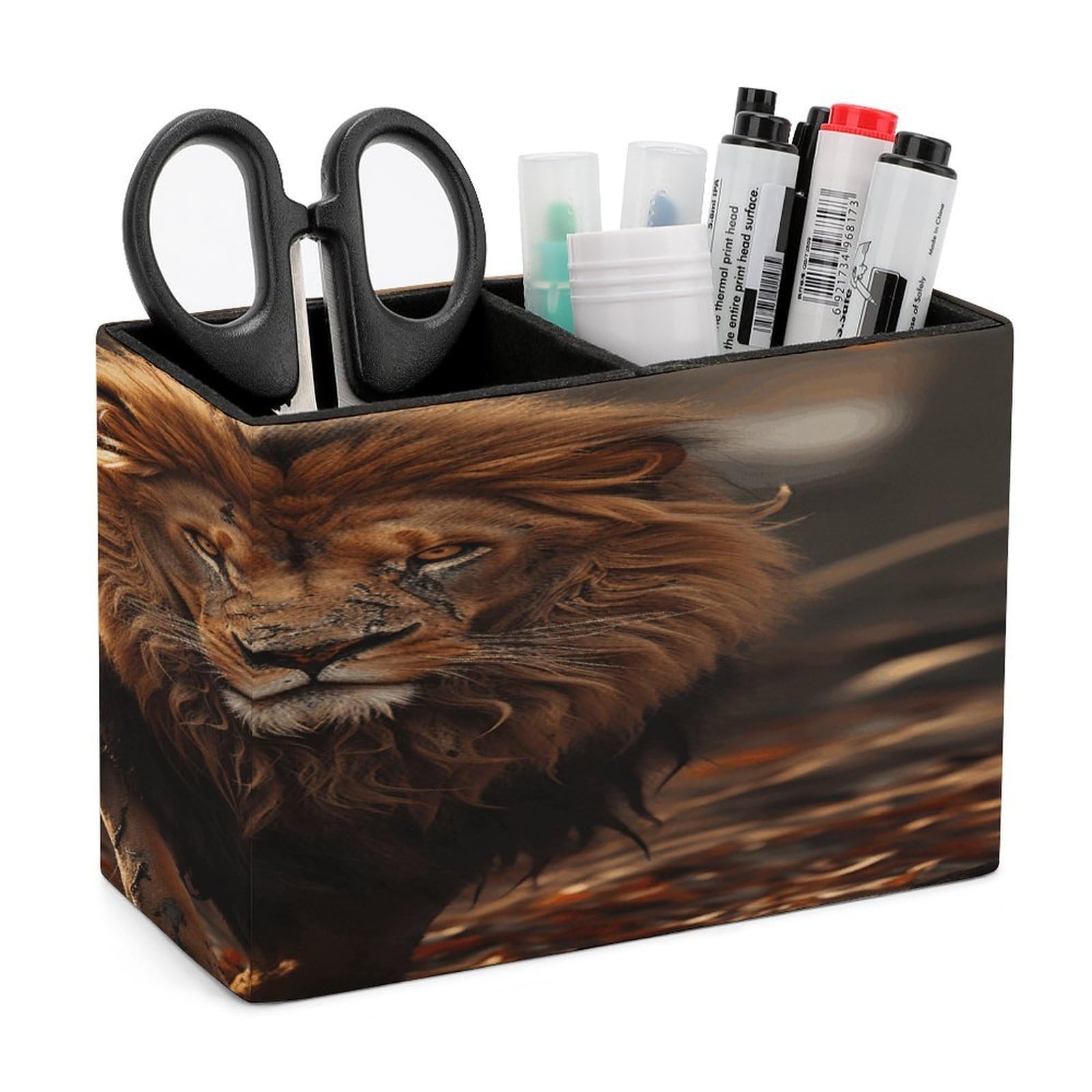 VstaDank Lion Image Pencil Holder for Desk Organizer 2 Compartments Pen Cup Leather Square Pen Holder Pencil Cup Stand Makeup Brush Holders for Desktop Organizer Storage Case
