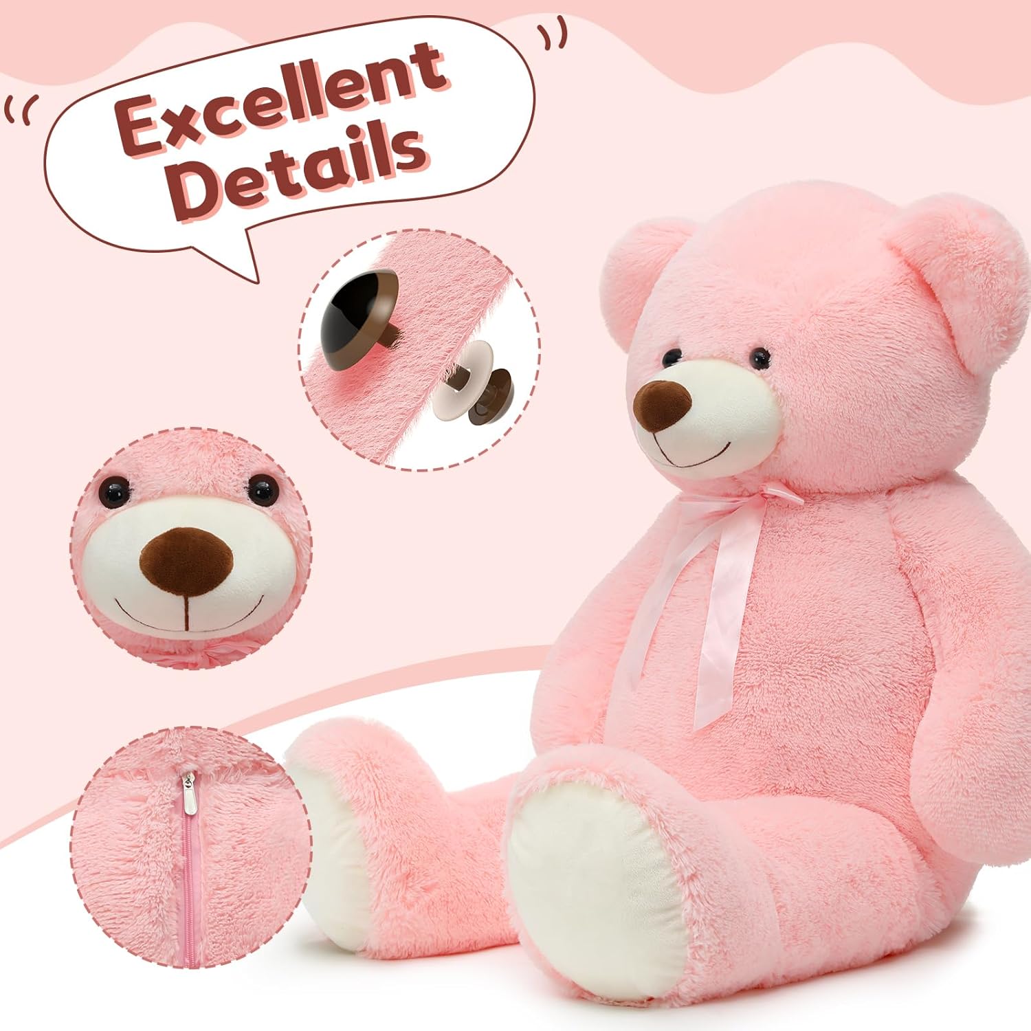 Tezituor 52 Inch Giant Teddy Bear Stuffed Animal, Pink Big Teddy Bear Plush Toys for Girlfriend, Kids, Life Size Large Bear Plushies Gift for Valentine’s Day, Christmas, Birthday - Image 3