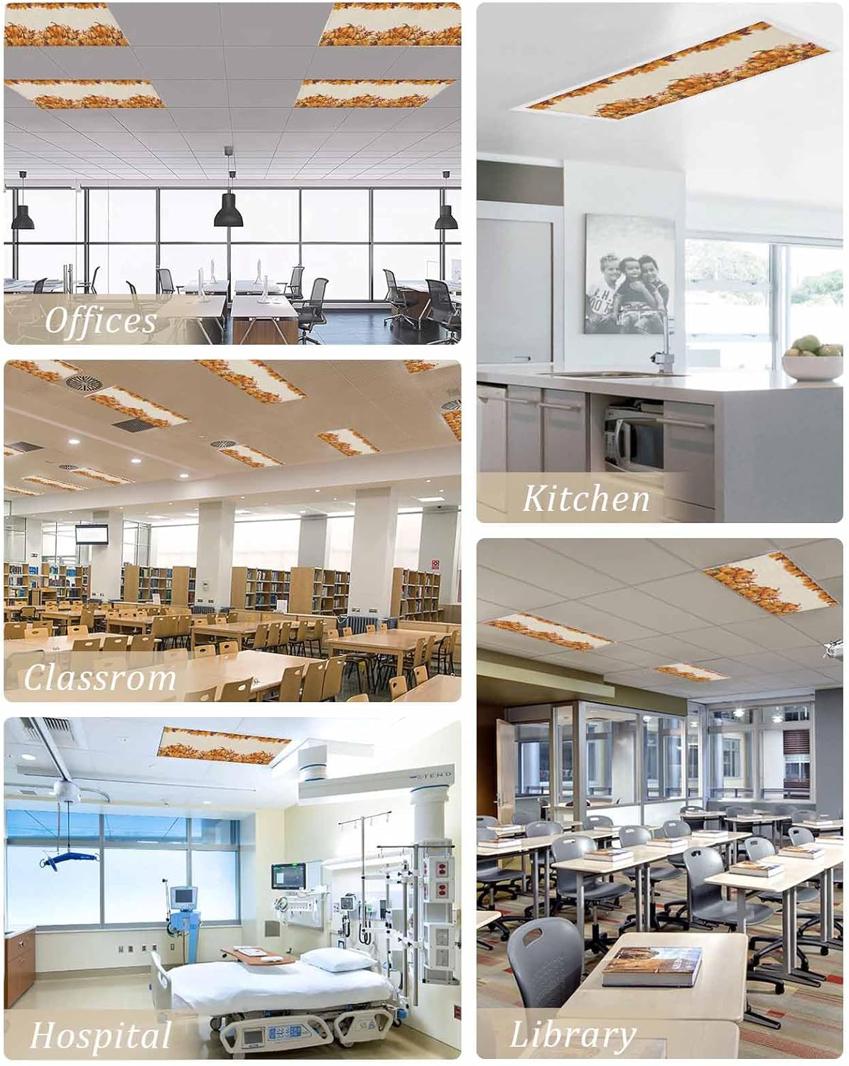 Smile Sunflower 4PCS Fall Thanksgiving Pumpkin Autumn Maple Leaves Fluorescent Light Cover, Ceiling Lampshade Decor with 10 Magnets Fixtures, Print Light Filters Cover Panel for Any Place Supplies