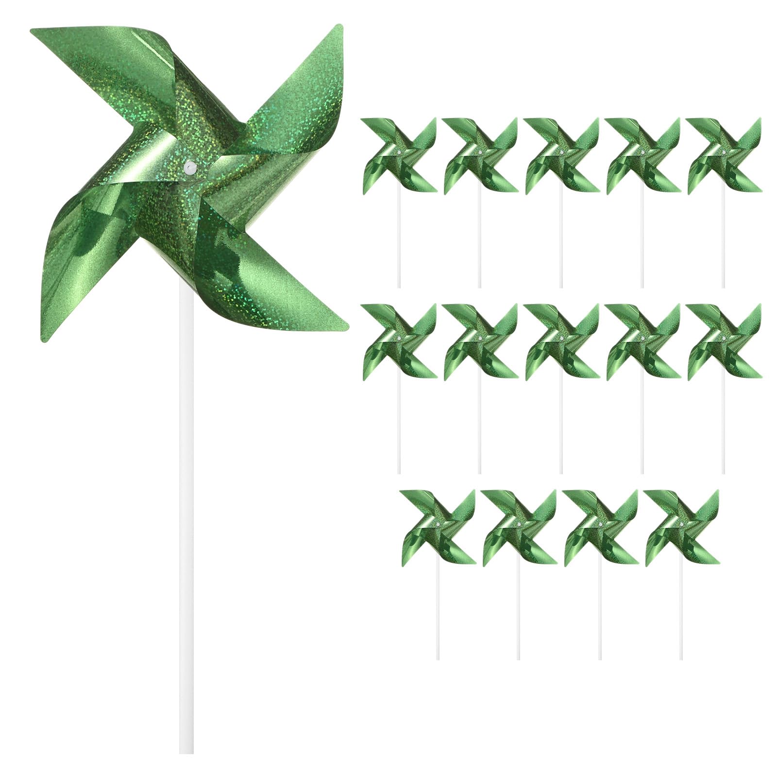 M METERXITY 15-Pack Wind Spinner Sparkly Lawn Pinwheels, 16 Inch Plastic Reflective Pinwheels for Party Decorations/Yard/Garden, Colorful Rainbow Garden Windmill [Green]
