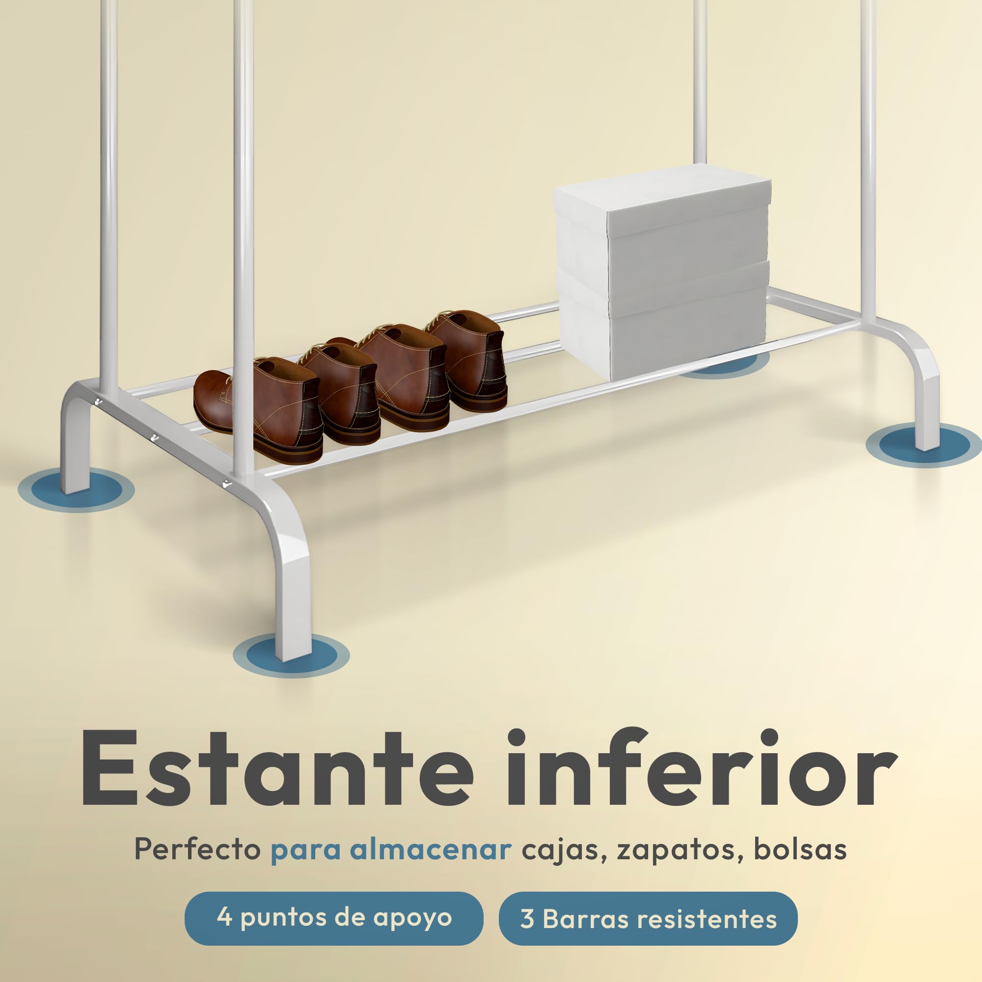 JUPPLIES Appendiabiti Robusto – Stand Appendiabiti Doppio con Ripiano Inferiore | 146 x 110 x 54 cm, in metallo (Bianco)
