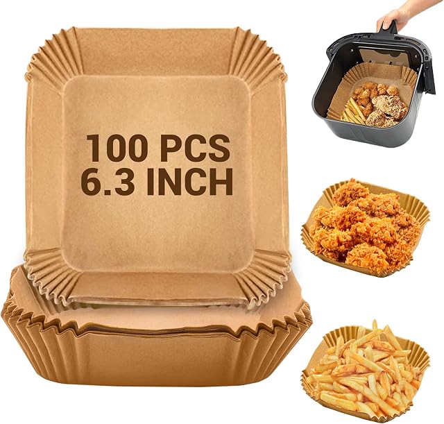 Air Fryer Disposable Paper Liner 100Pcs 6.3 Inch Square Non Stick Oil & Waterproof Food Grade Airfryer Liners Parchment Paper Liners Air Fryer Accessories Air Fryer Paper For Airfryer & Microwave Oven