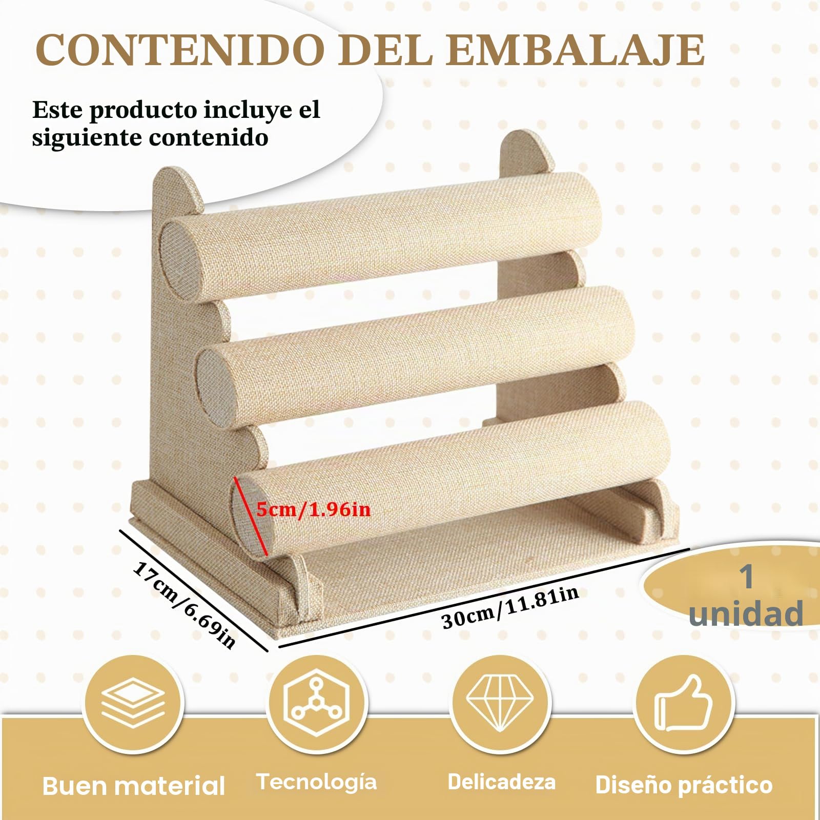 Expositor de Joyas Con 3 Niveles Extraíbles - Soporte de Terciopelo para Pulseras, Brazaletes, Relojes y Collares (Caqui)