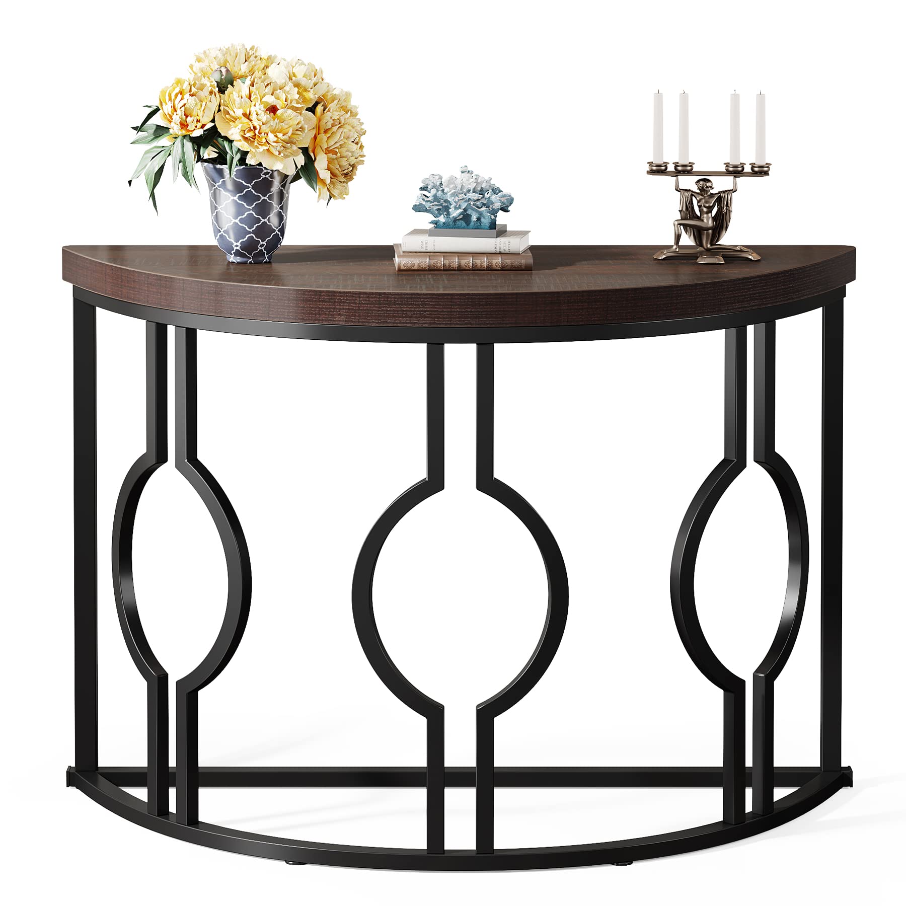 LITTLE TREE 43 Inch Half Moon Console Table for Entryway Industrial Semi Circle Sofa Table Wood Accent Table for Living Room, Hallway, Foyer, Entrance