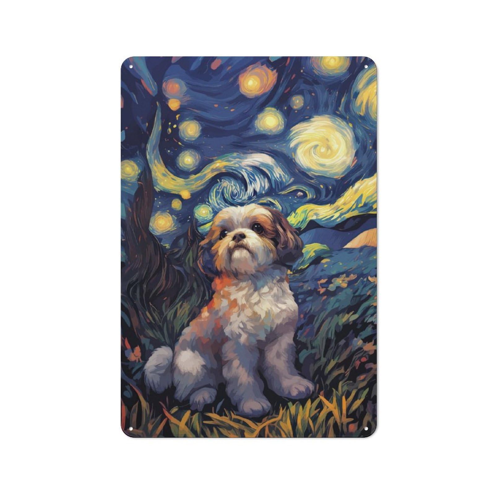 Junmoney Starry Night Cute Shih Tzu Metal Plaque 30X20cm With For Garage Wall, Rustic Decor, For Winter Interiors And Metal Sign Collectors