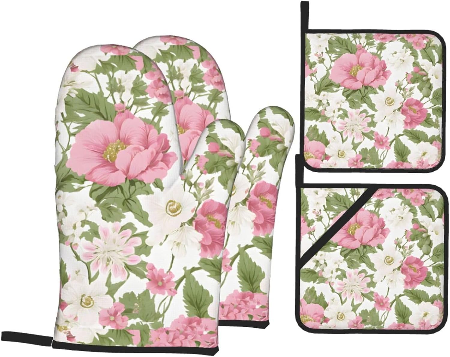 (Plant Floral Flowers) Baking 4-Piece Set: 2 Oven Mitts and 2 Pot Holders Heat Resistant Waterproof Hanging Loop for Kitchen Oven Grill Housewarming Gifts